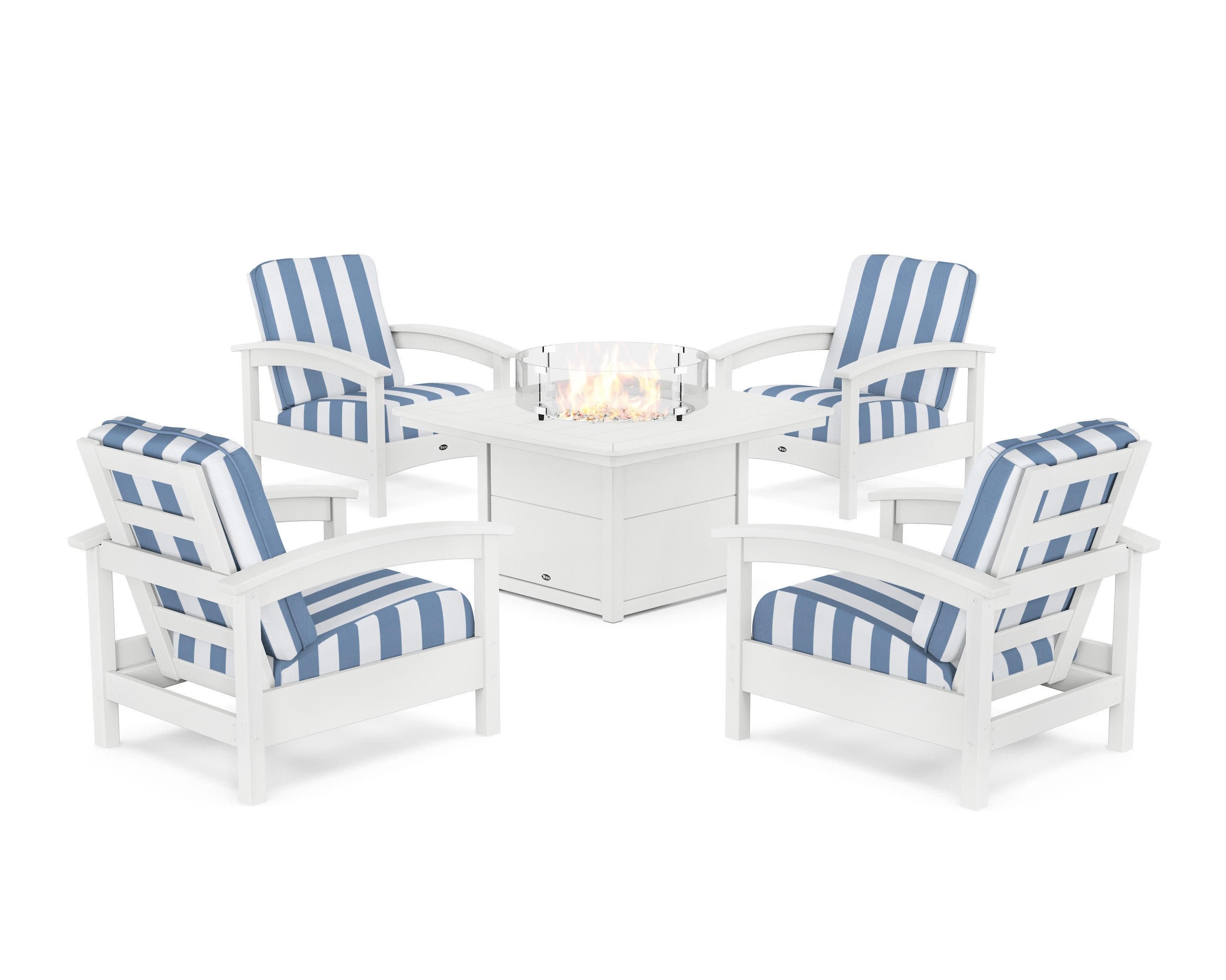 Rockport 5-Piece Deep Seating Set with Yacht Club Fire Pit Table in Classic White / Cabana Stripe Sky Blue