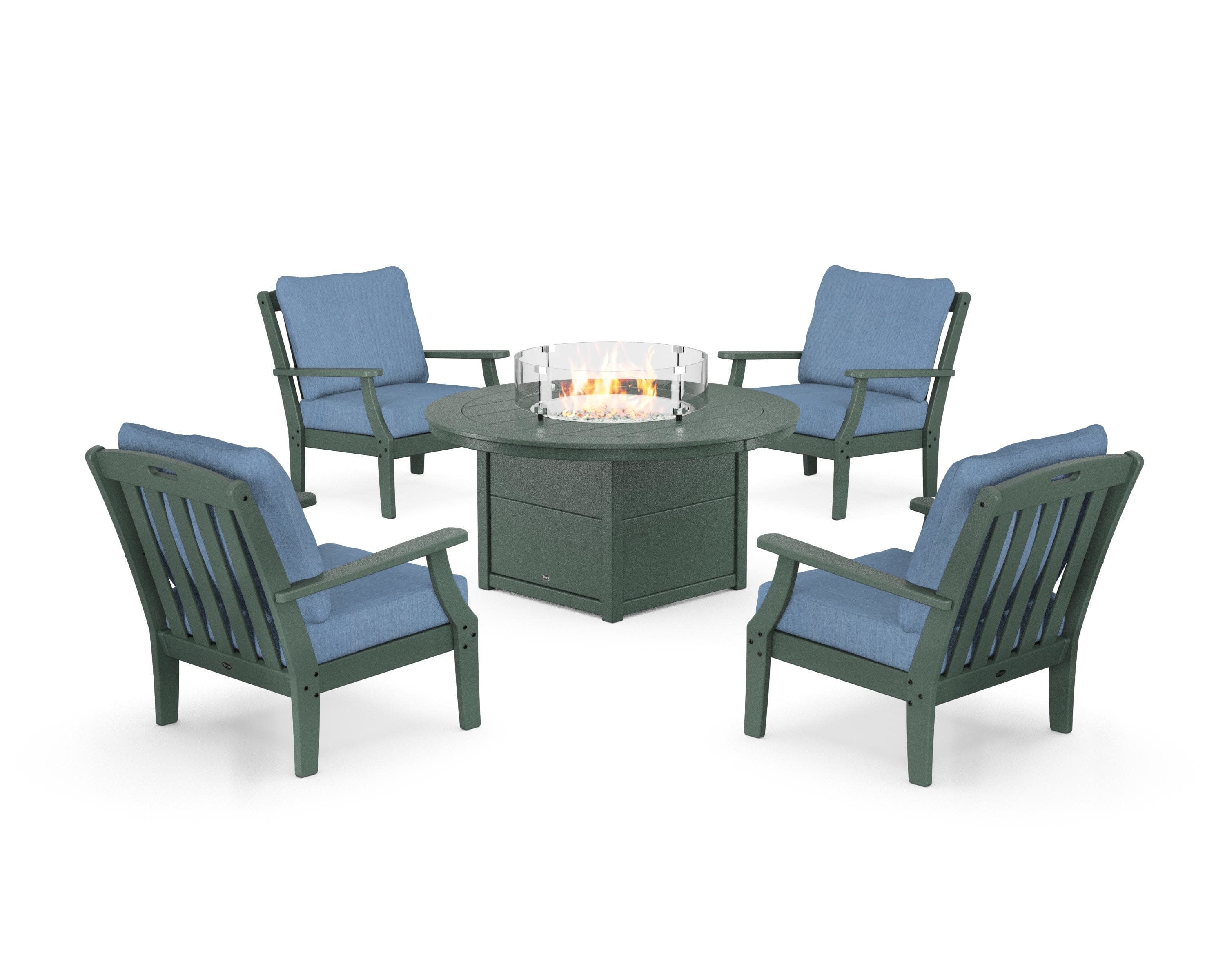 Yacht Club 5-Piece Deep Seating Set with Round Fire Pit Table in Rainforest Canopy / Sky Blue