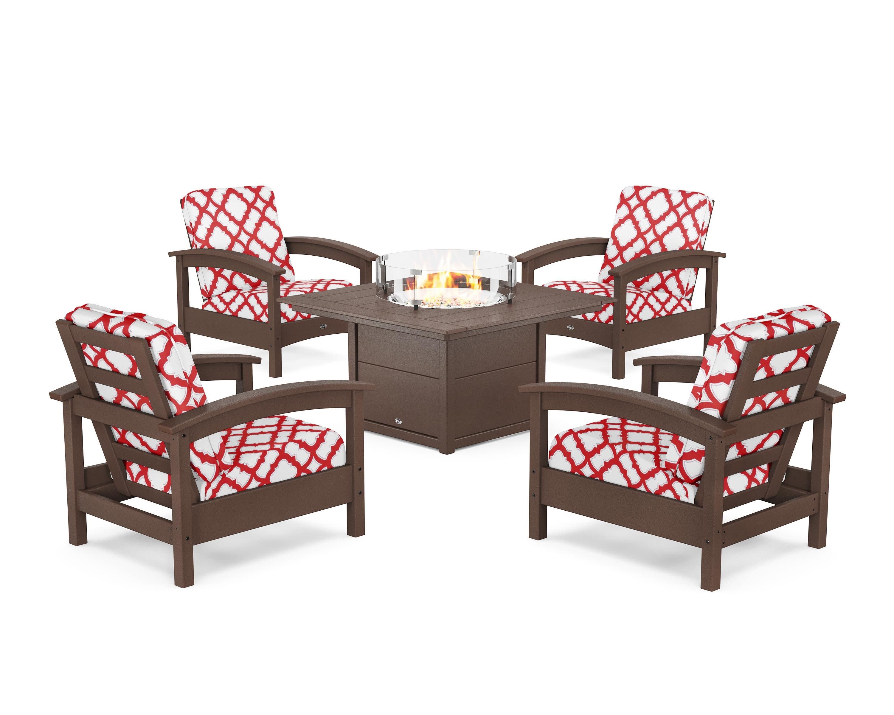 Rockport 5-Piece Deep Seating Set with Square Fire Pit Table in Vintage Lantern / Trellis Crimson