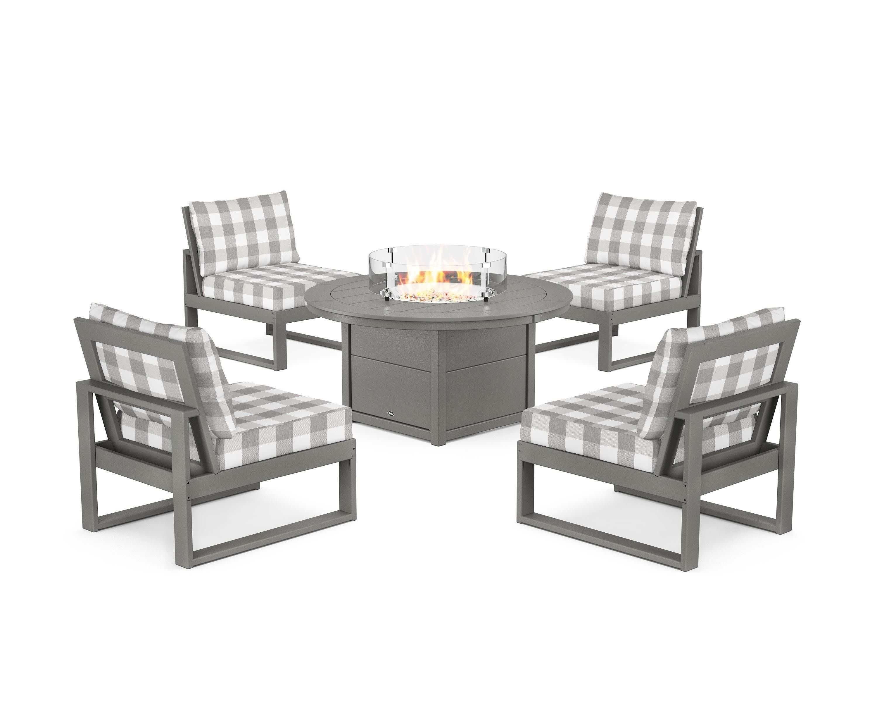 Eastport Modular 5-Piece Deep Seating Set with Round Fire Pit Table in Stepping Stone / Buffalo Plaid Grey Mist