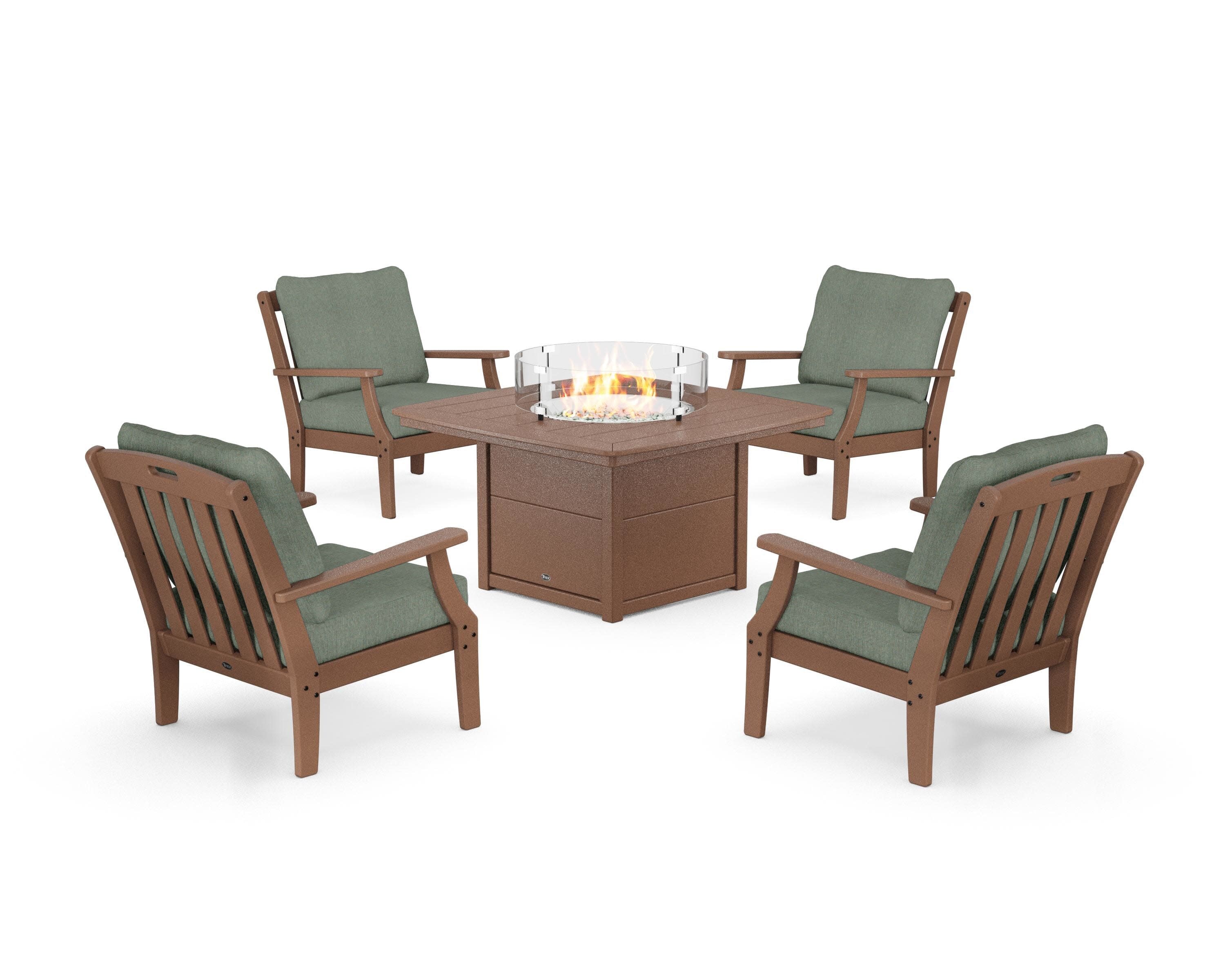 Yacht Club 5-Piece Deep Seating Set with Fire Pit Table in Tree House / Cast Sage