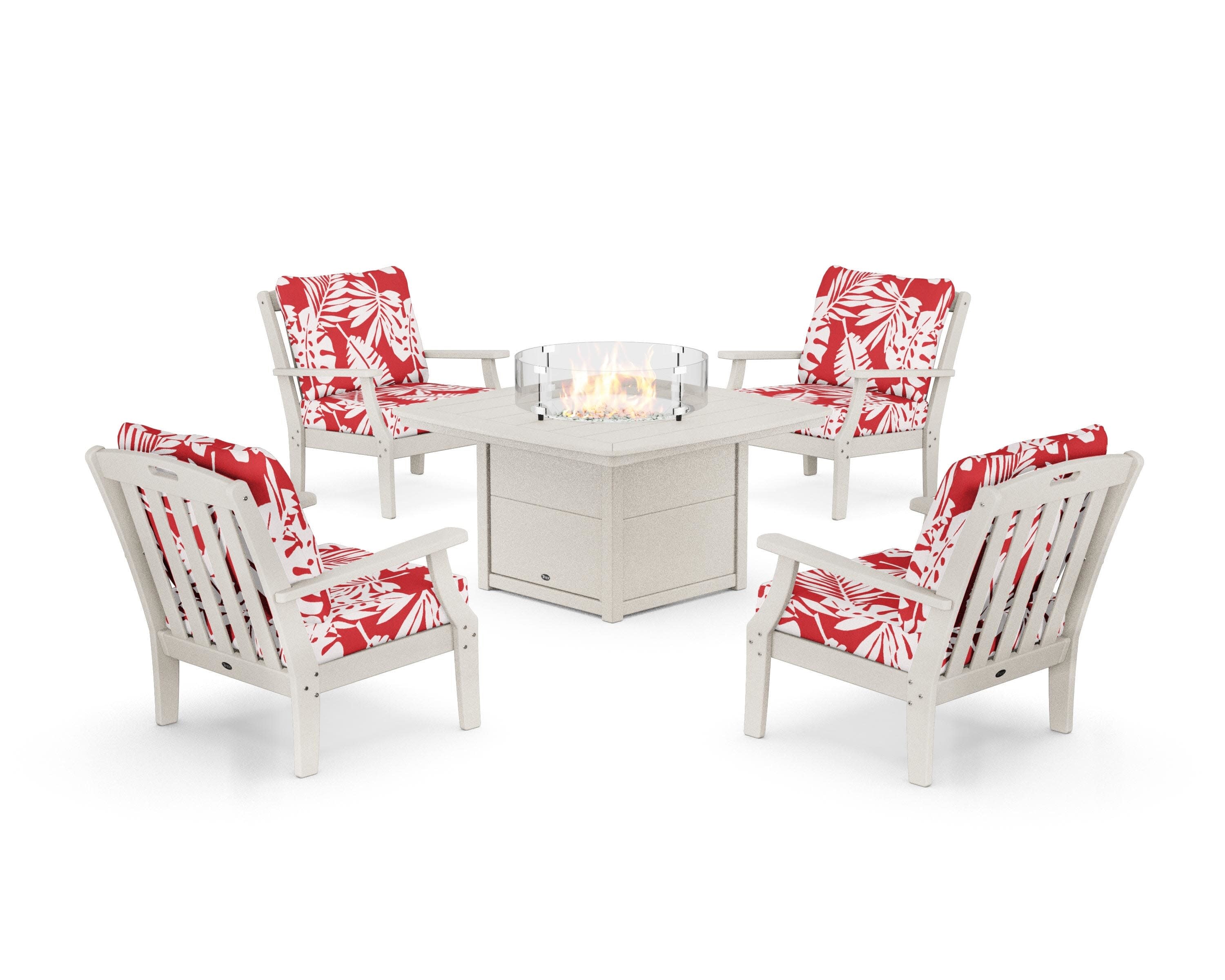 Yacht Club 5-Piece Deep Seating Set with Fire Pit Table in Sand Castle / Leaf Crimson
