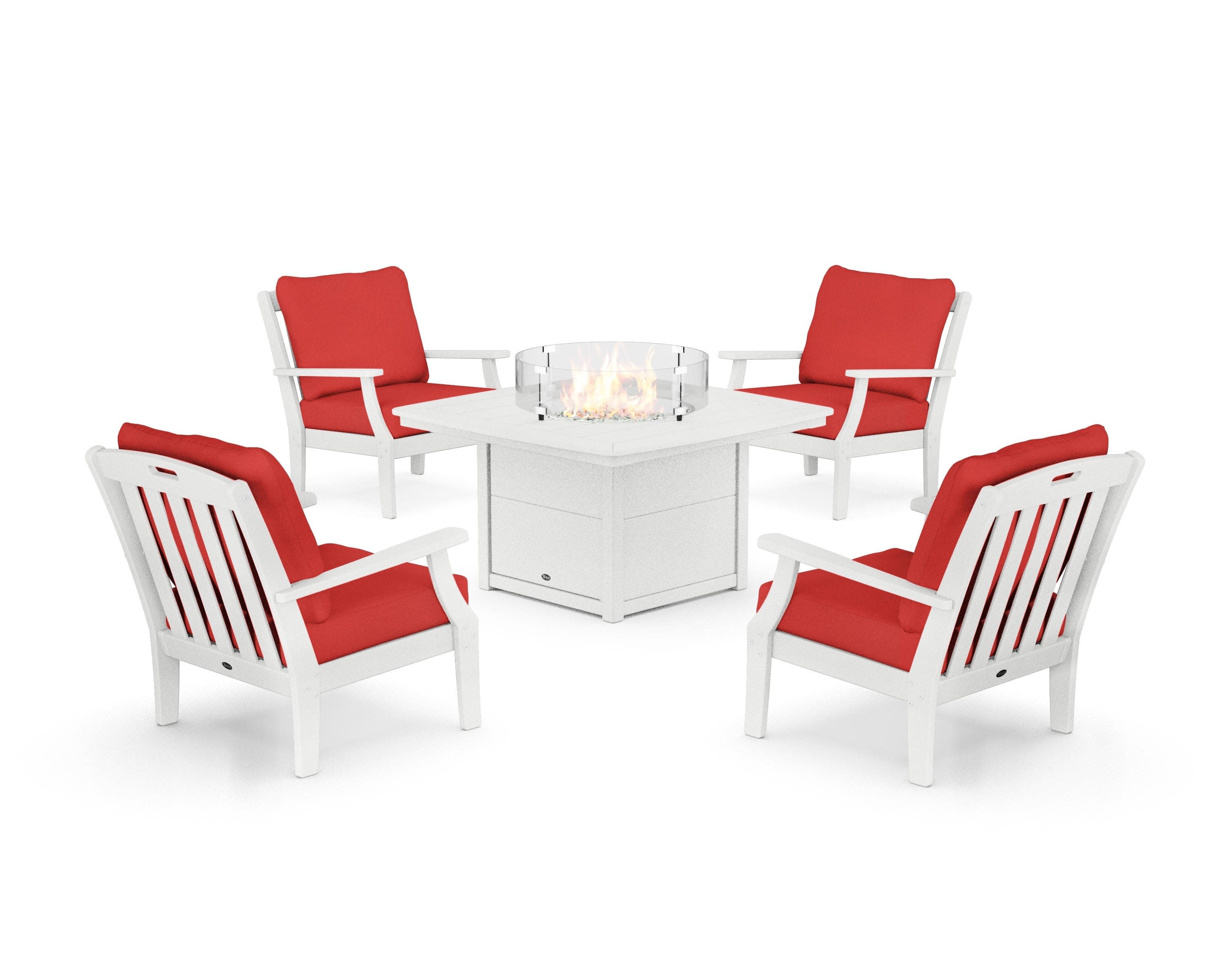 Yacht Club 5-Piece Deep Seating Set with Fire Pit Table in Classic White / Crimson Linen