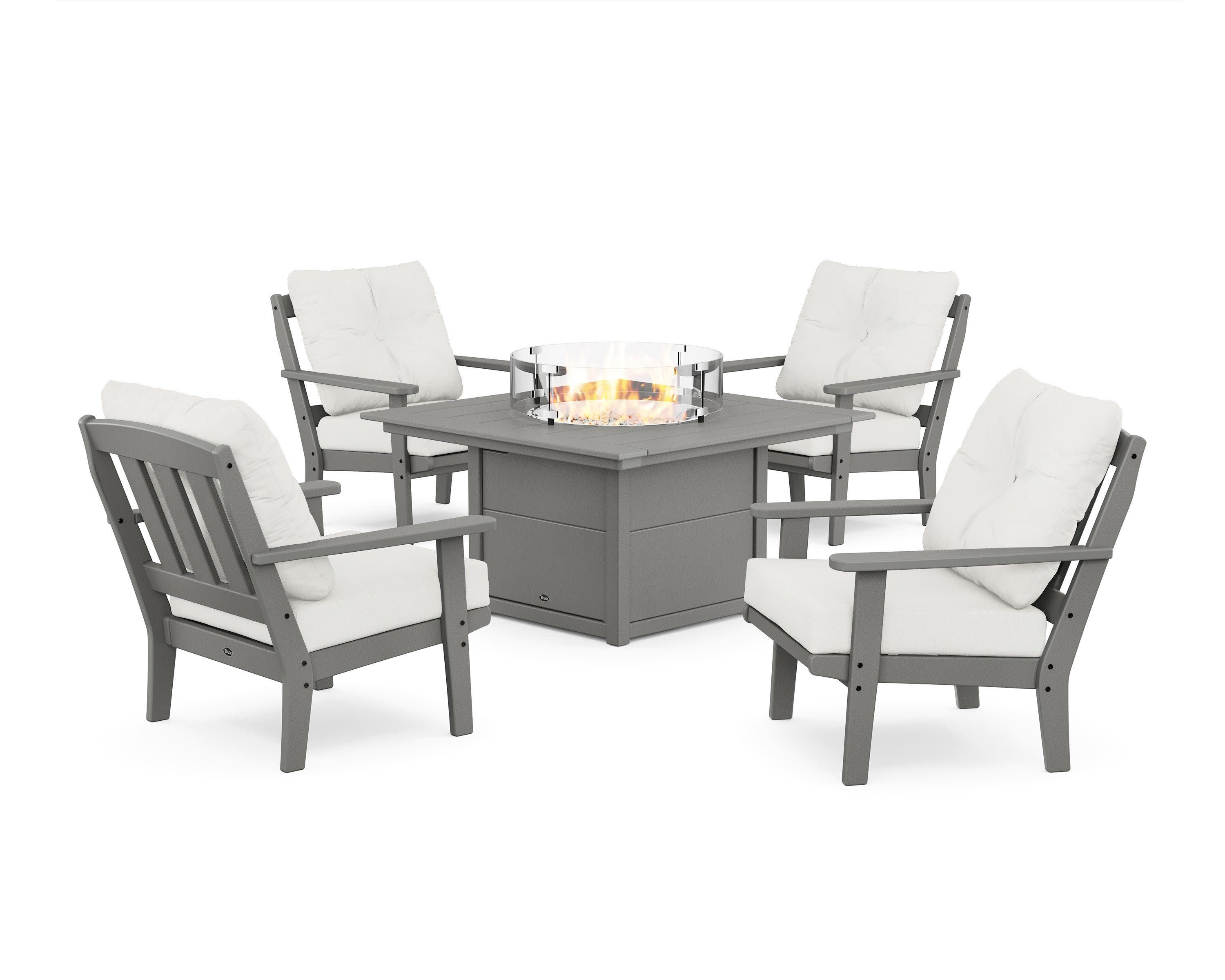 Cape Cod 5-Piece Deep Seating Set with Fire Pit Table in Stepping Stone / Natural Linen