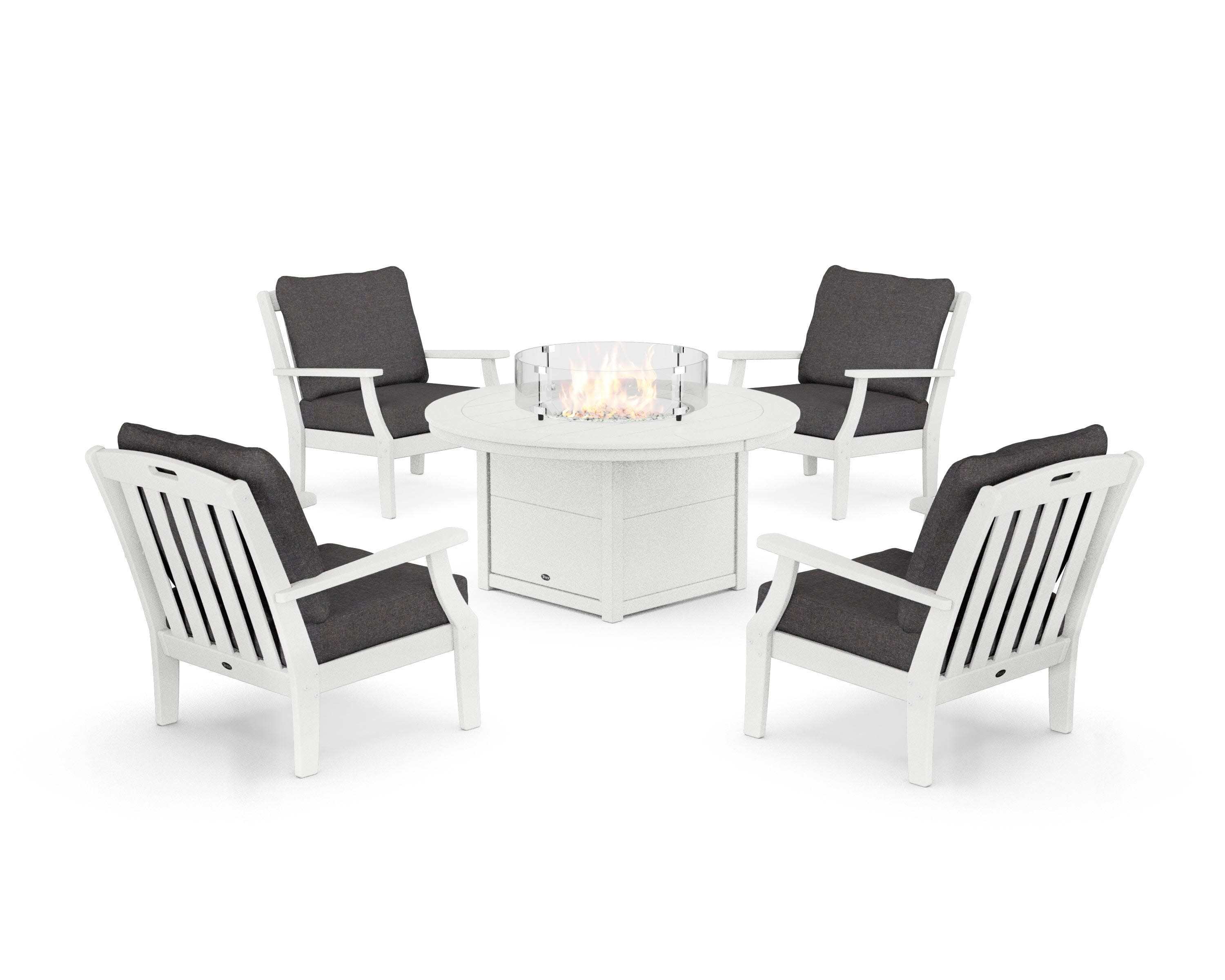 Yacht Club 5-Piece Deep Seating Set with Round Fire Pit Table in Classic White / Ash Charcoal