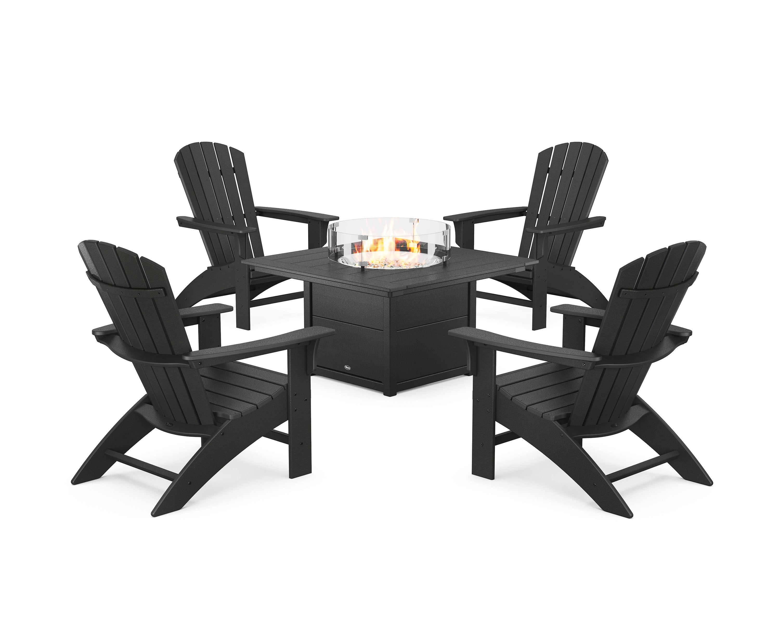 Yacht Club Adirondack 5-Piece Set with Square Fire Pit Table in Charcoal Black