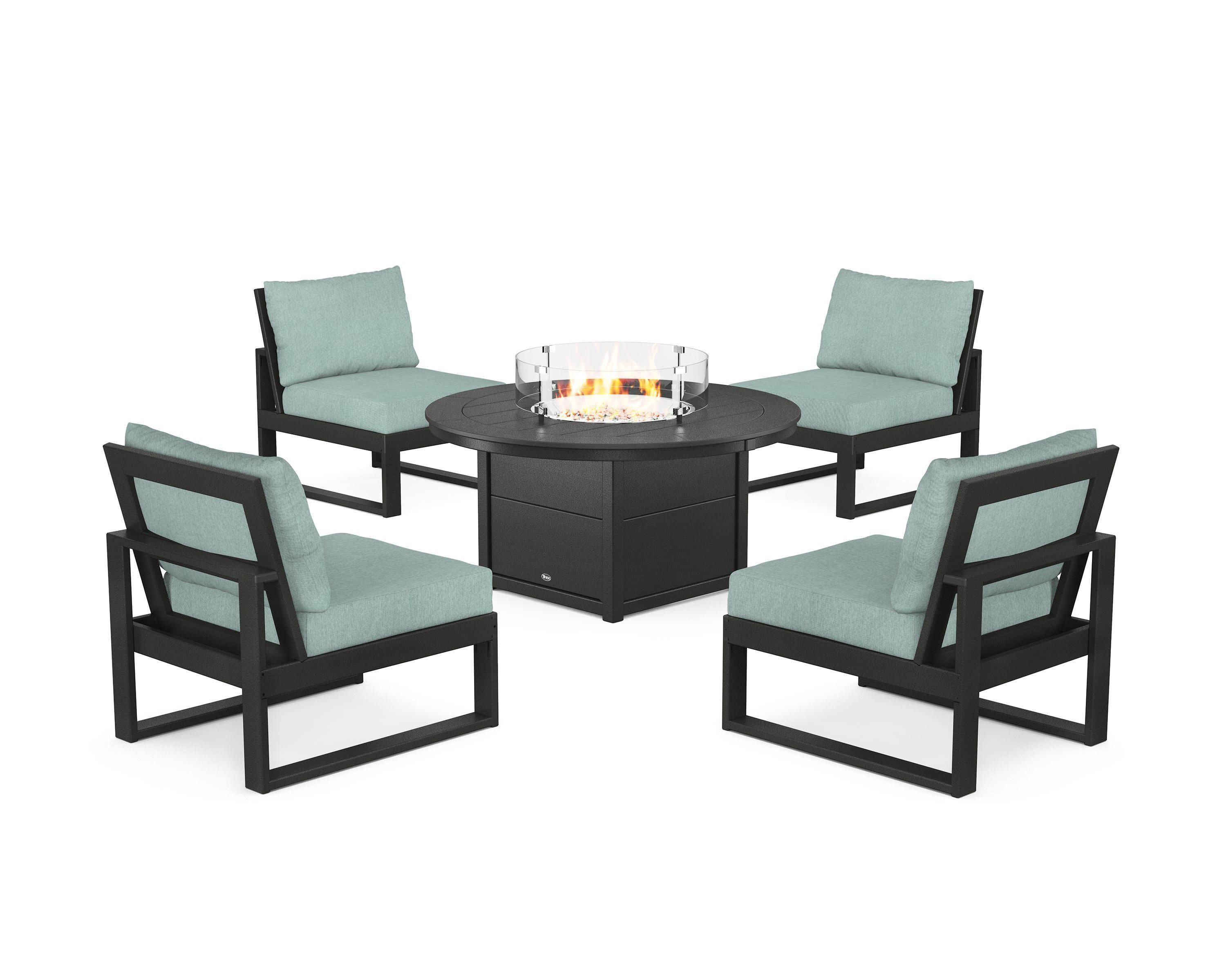 Eastport Modular 5-Piece Deep Seating Set with Round Fire Pit Table in Charcoal Black / Glacier Spa