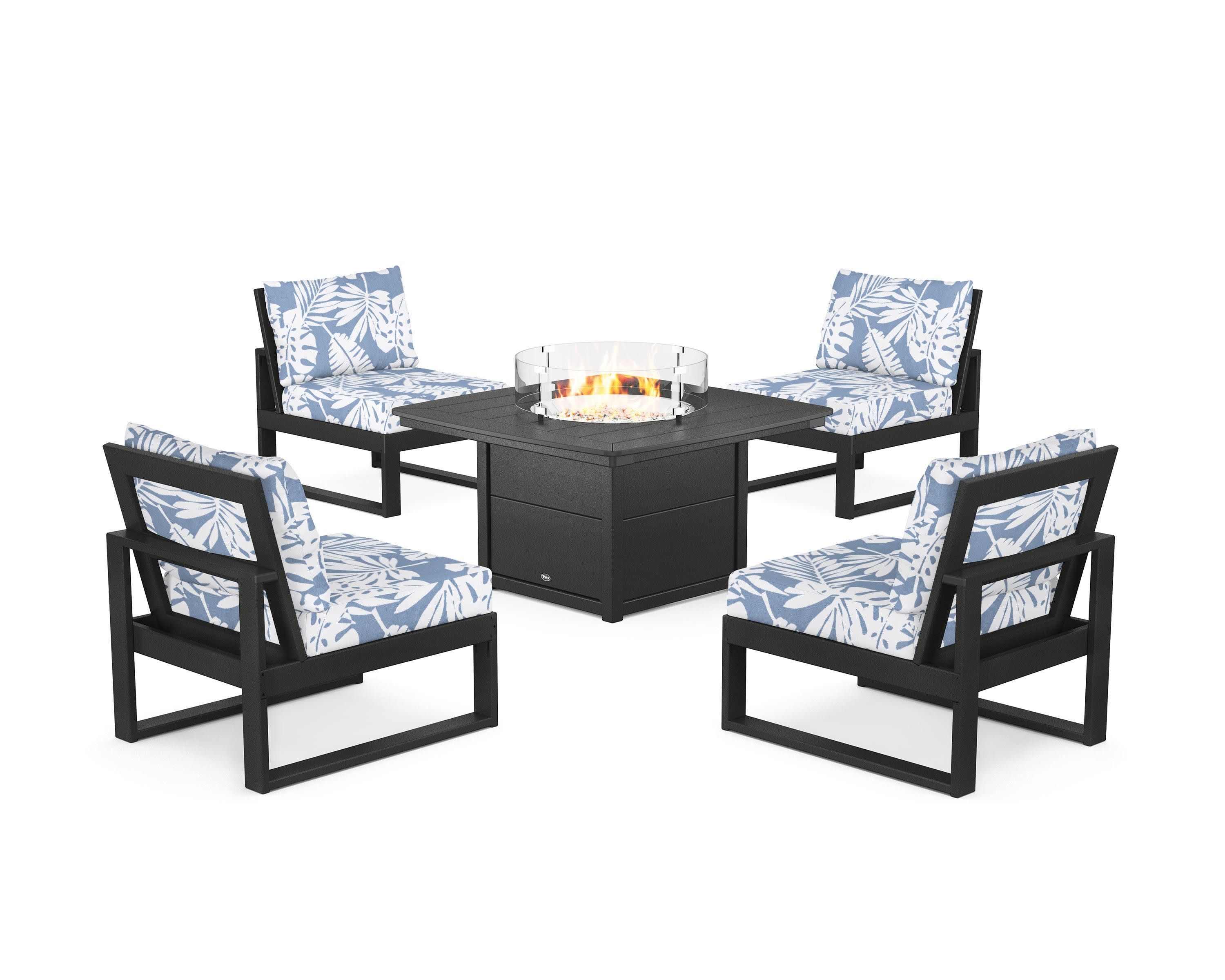 Eastport Modular 5-Piece Deep Seating Set with Yacht Club Fire Pit Table in Charcoal Black / Leaf Sky Blue