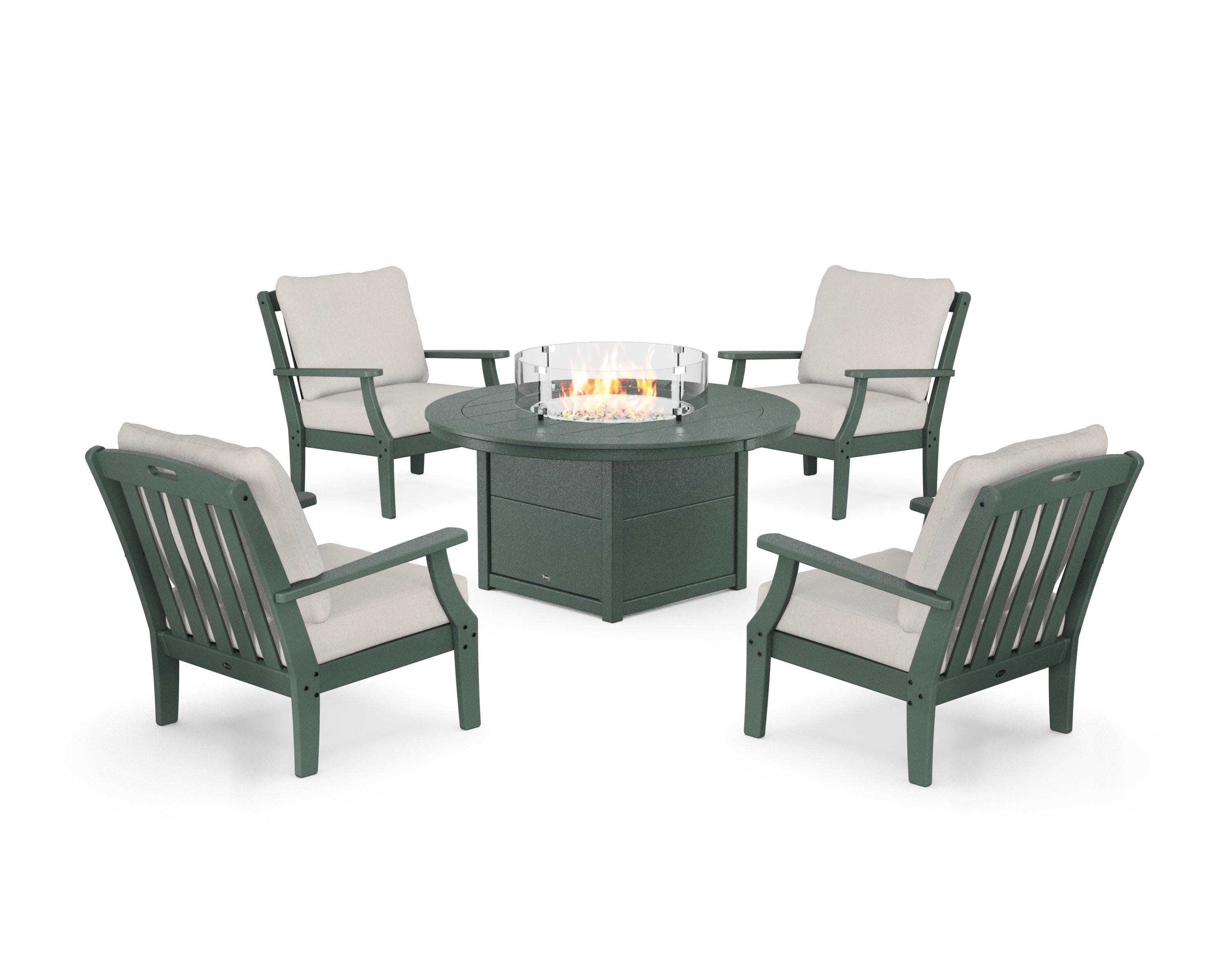Yacht Club 5-Piece Deep Seating Set with Round Fire Pit Table in Rainforest Canopy / Cast Ash