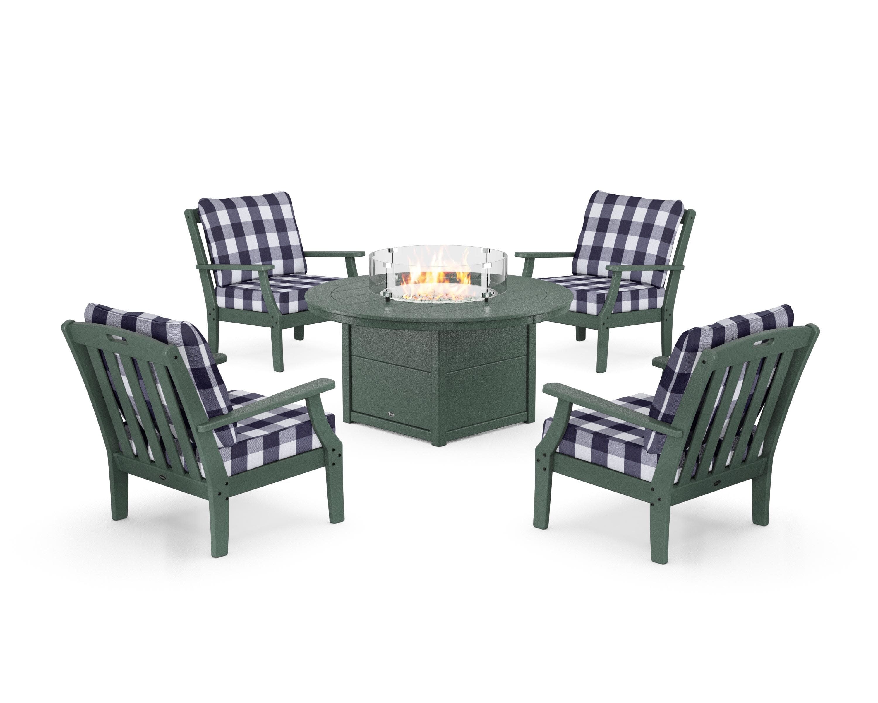 Yacht Club 5-Piece Deep Seating Set with Round Fire Pit Table in Rainforest Canopy / Buffalo Plaid Navy