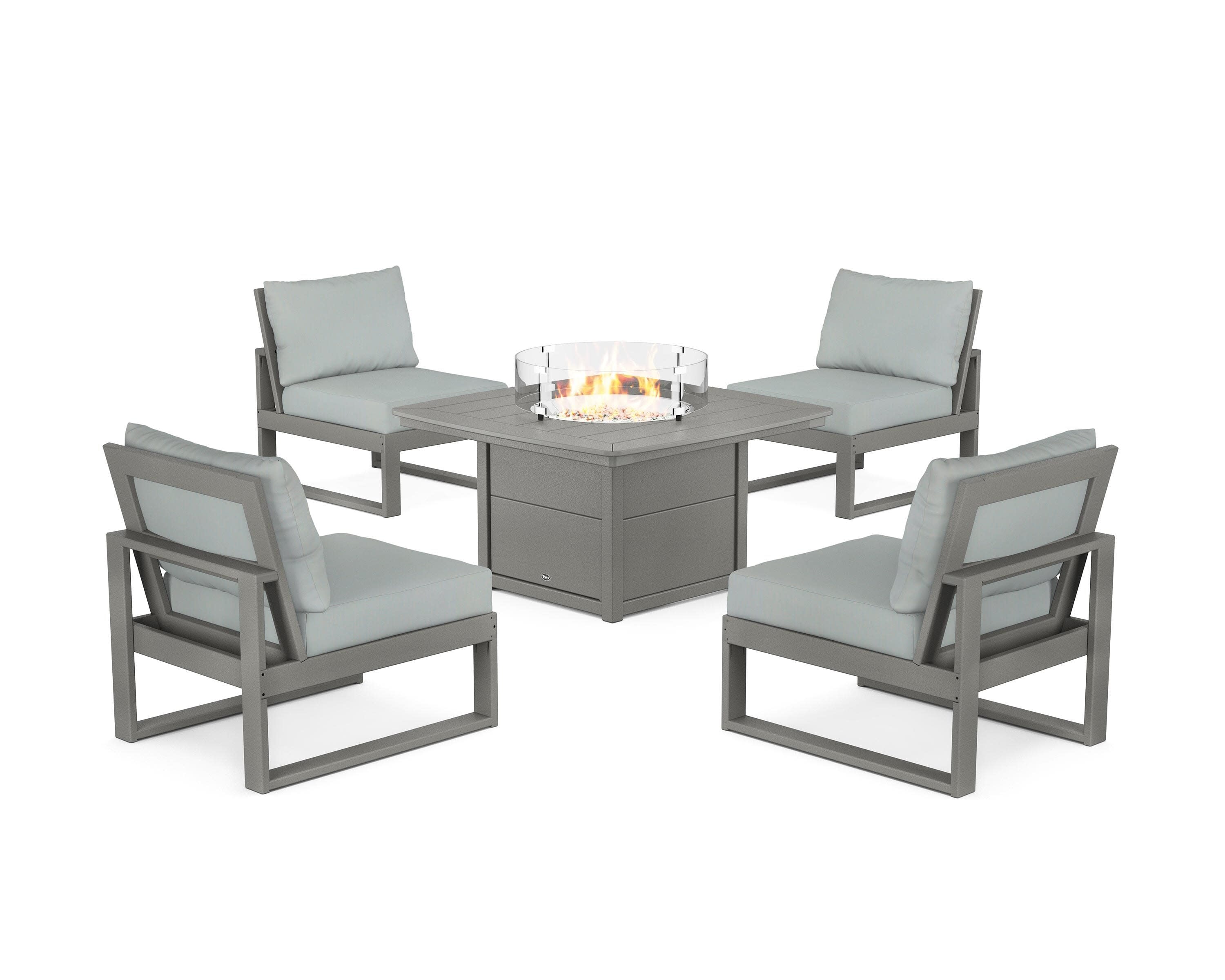 Eastport Modular 5-Piece Deep Seating Set with Yacht Club Fire Pit Table in Stepping Stone / Spa