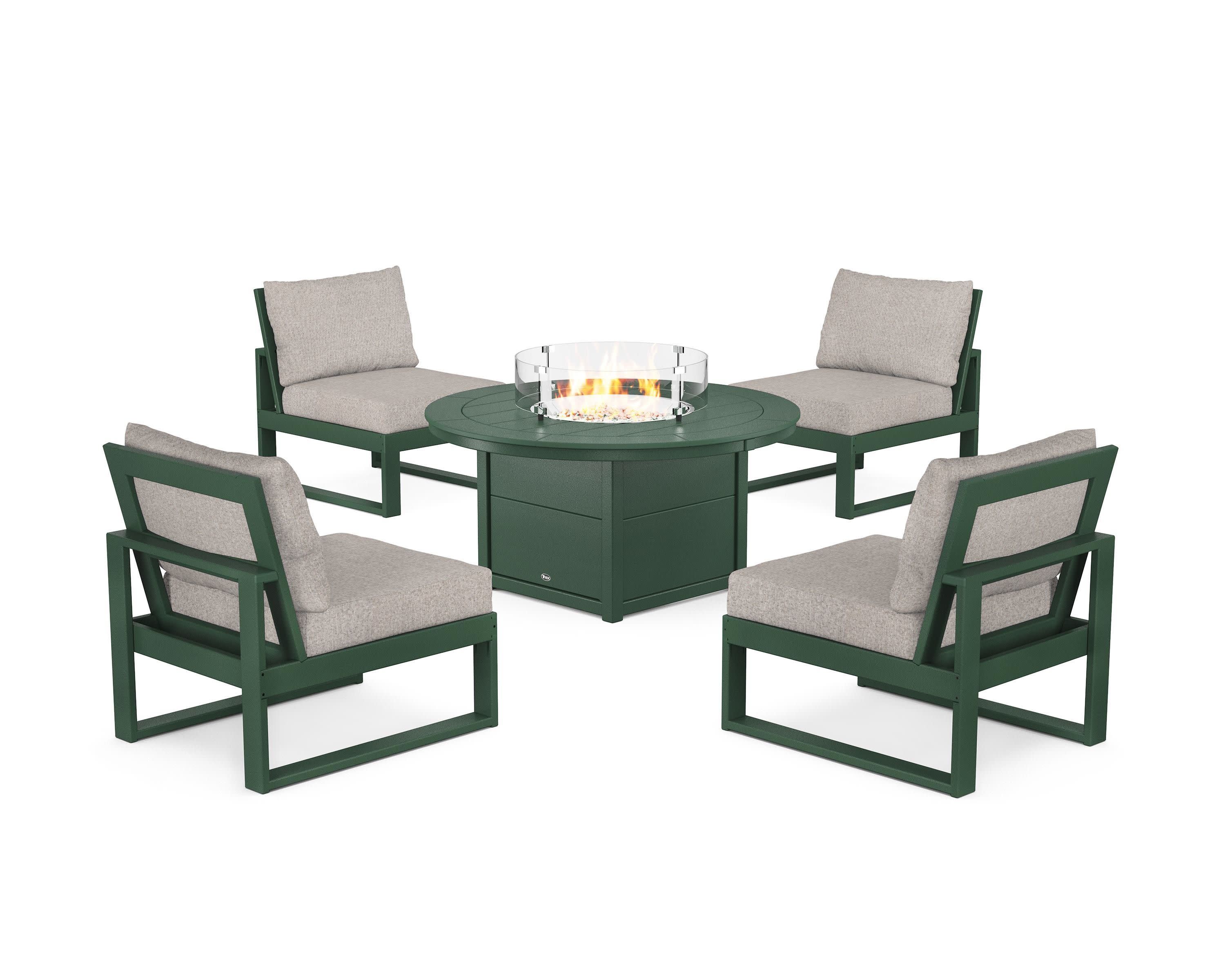 Eastport Modular 5-Piece Deep Seating Set with Round Fire Pit Table in Rainforest Canopy / Weathered Tweed