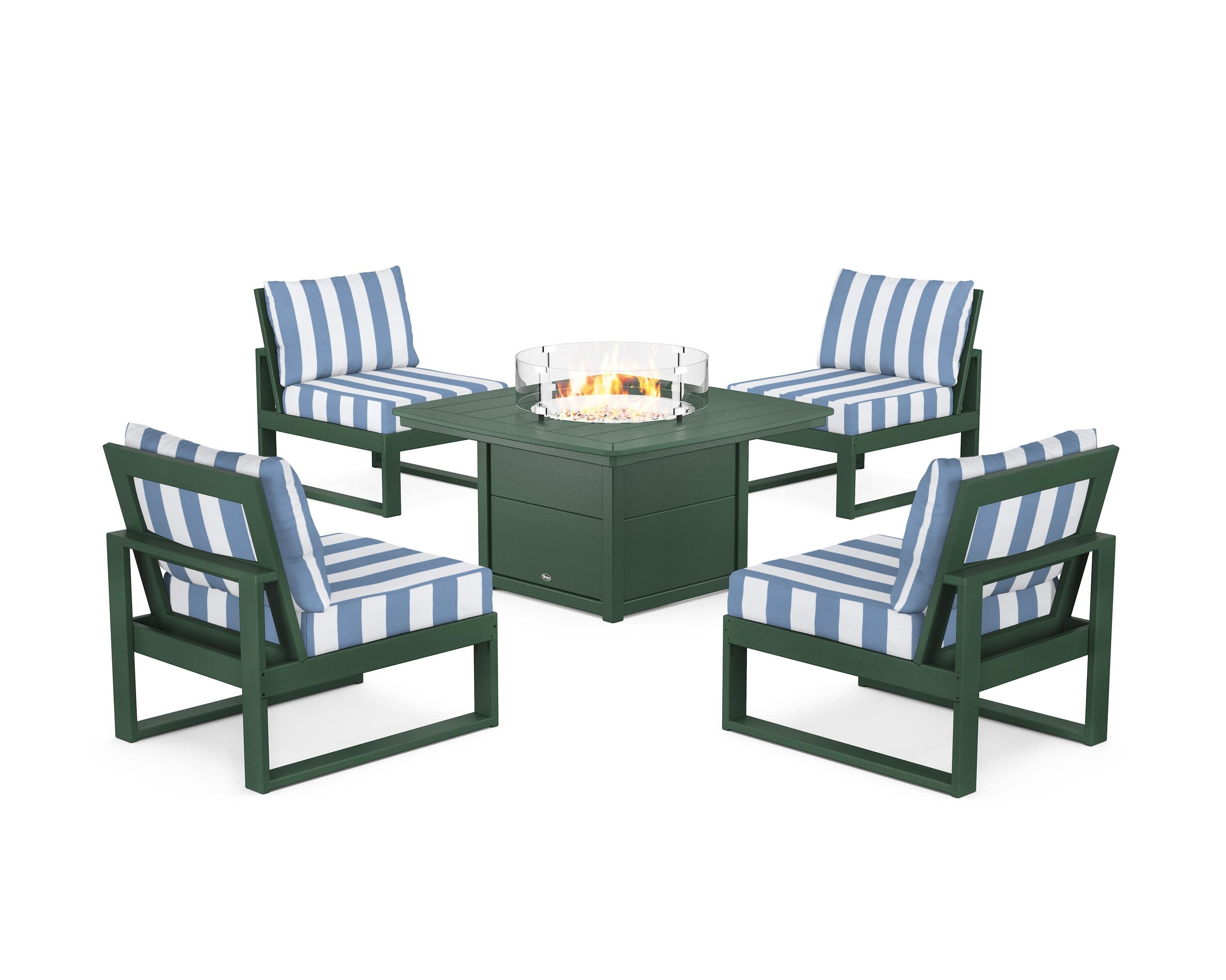 Eastport Modular 5-Piece Deep Seating Set with Yacht Club Fire Pit Table in Rainforest Canopy / Cabana Stripe Sky Blue