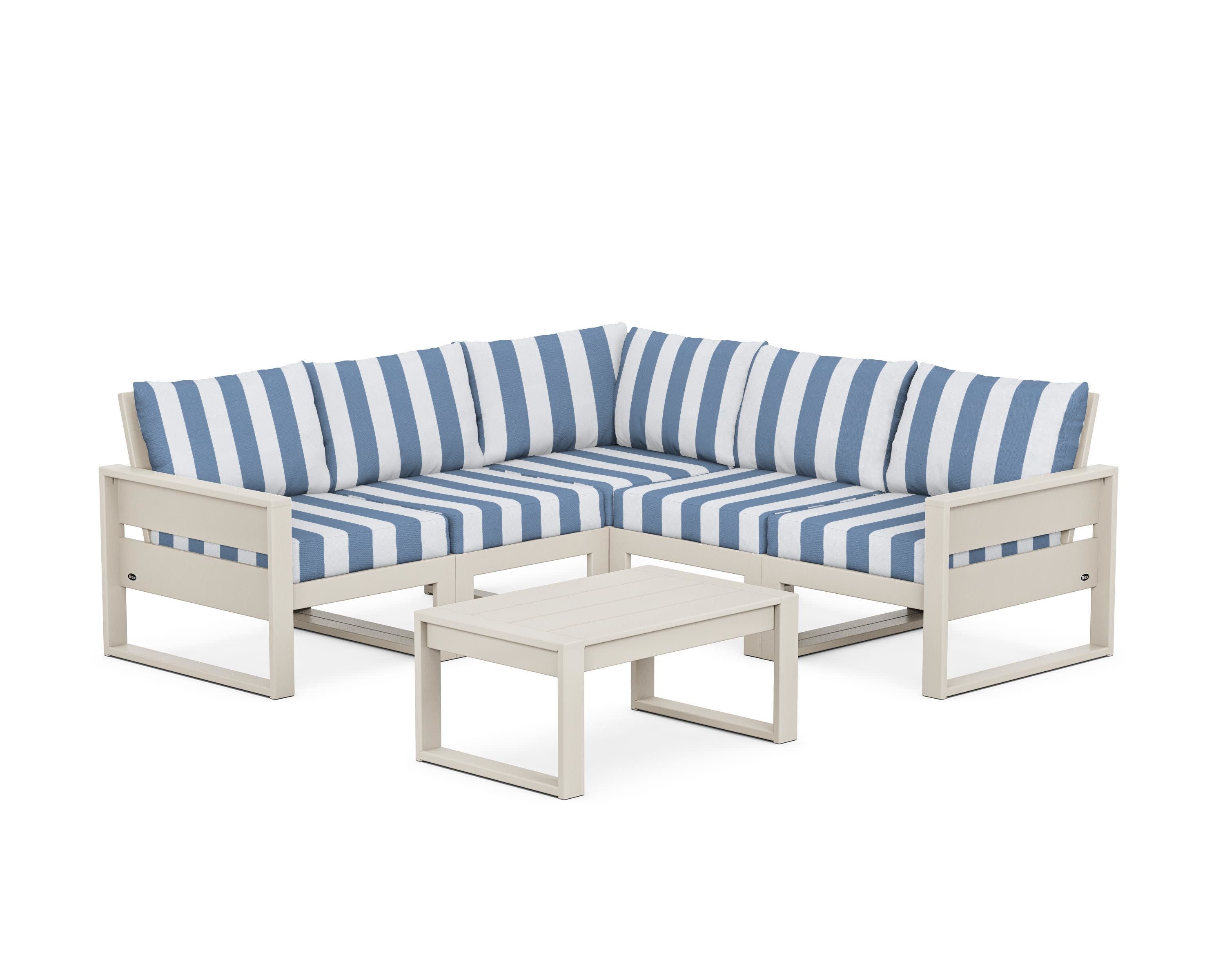 Eastport 6-Piece Deep Seating Sectional + Coffee Table Set in Sand Castle / Cabana Stripe Sky Blue
