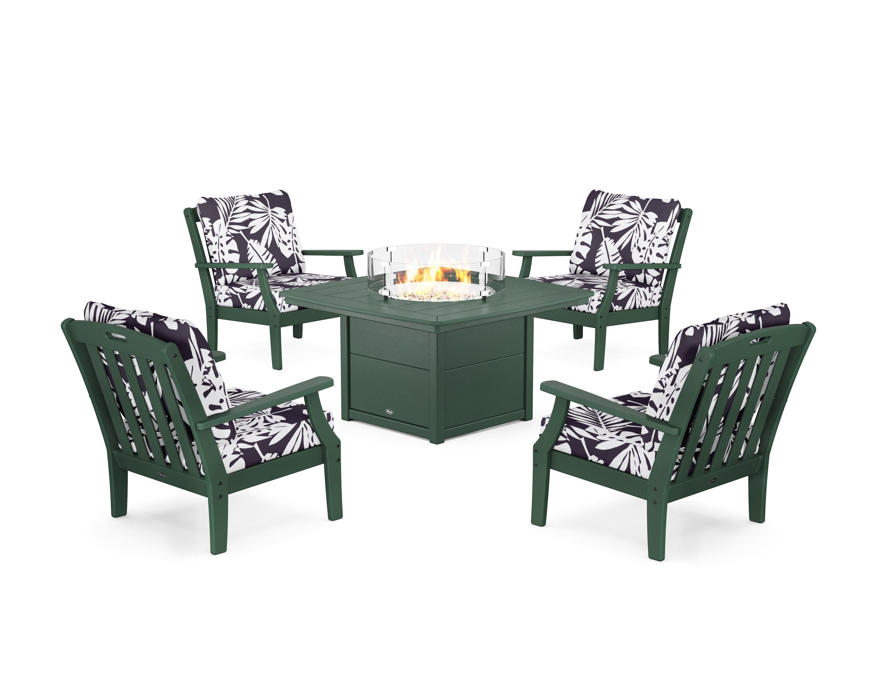 Yacht Club 5-Piece Deep Seating Set with Fire Pit Table in Rainforest Canopy / Leaf Navy