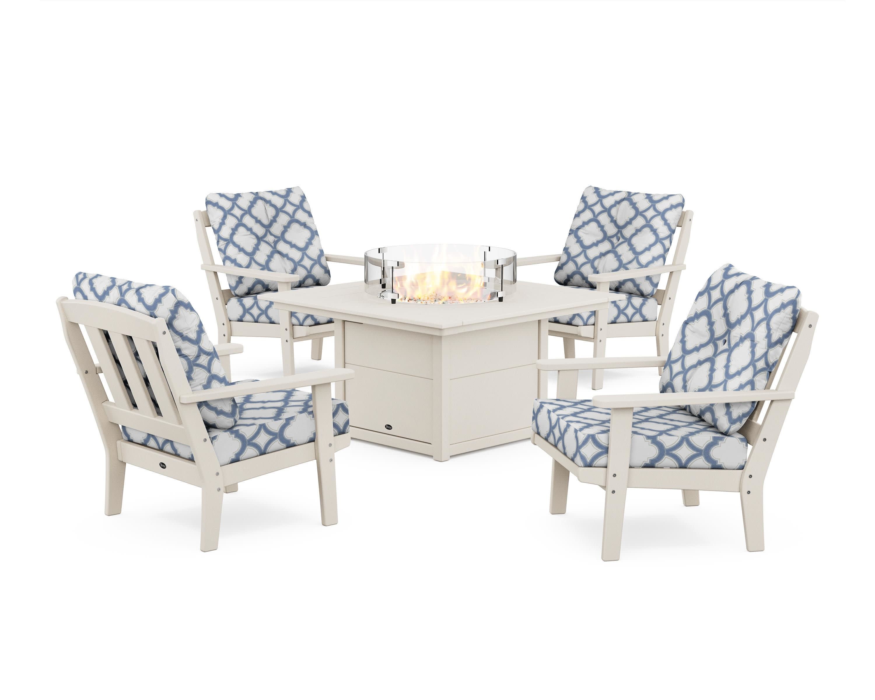 Cape Cod 5-Piece Deep Seating Set with Fire Pit Table in Sand Castle / Trellis Sky Blue