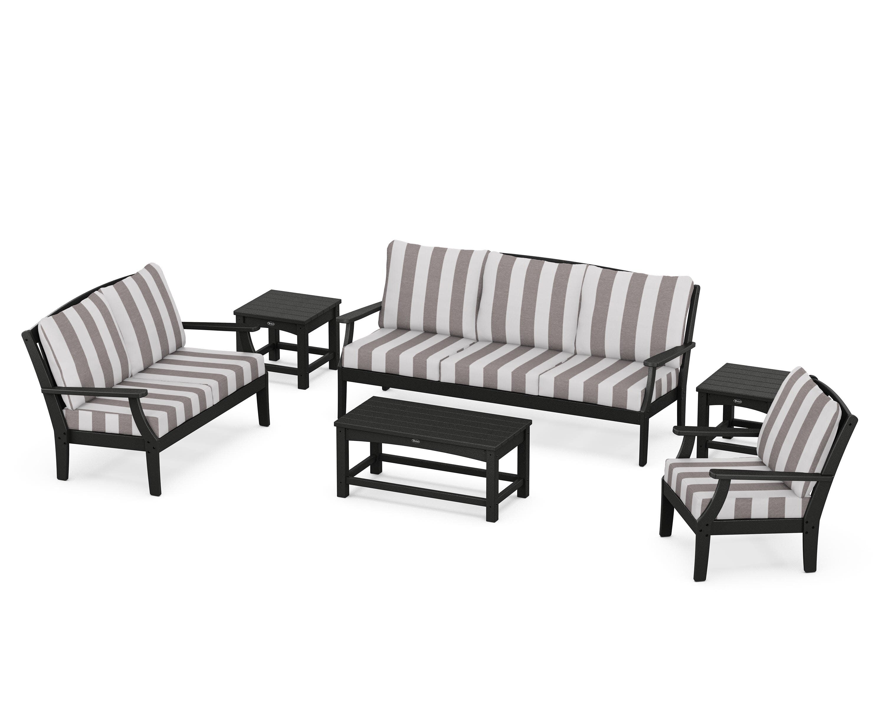 Yacht Club 6-Piece Deep Seating Set in Charcoal Black / Cabana Stripe Grey Mist