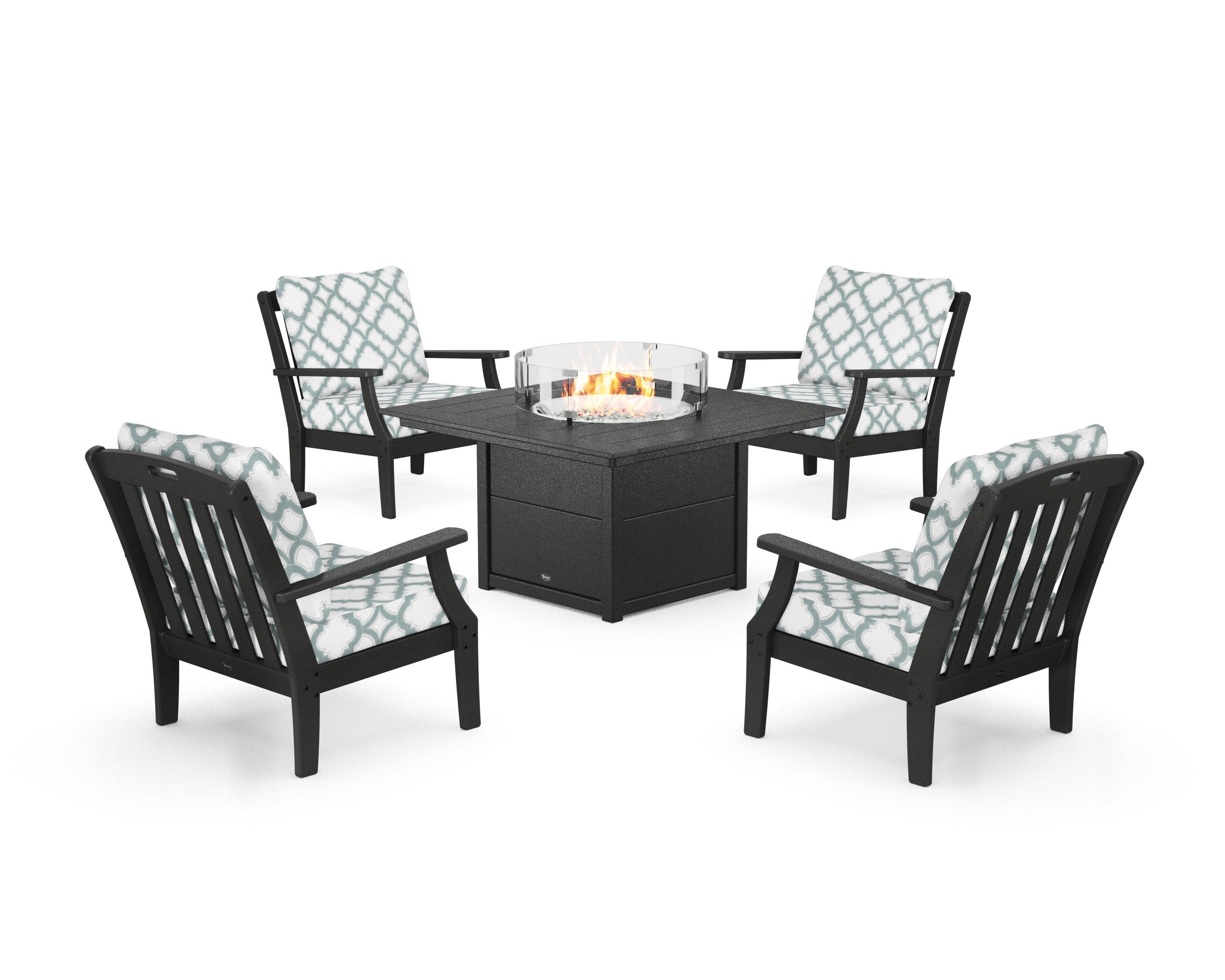 Yacht Club 5-Piece Deep Seating Set with Square Fire Pit Table in Charcoal Black / Trellis Glacier Spa