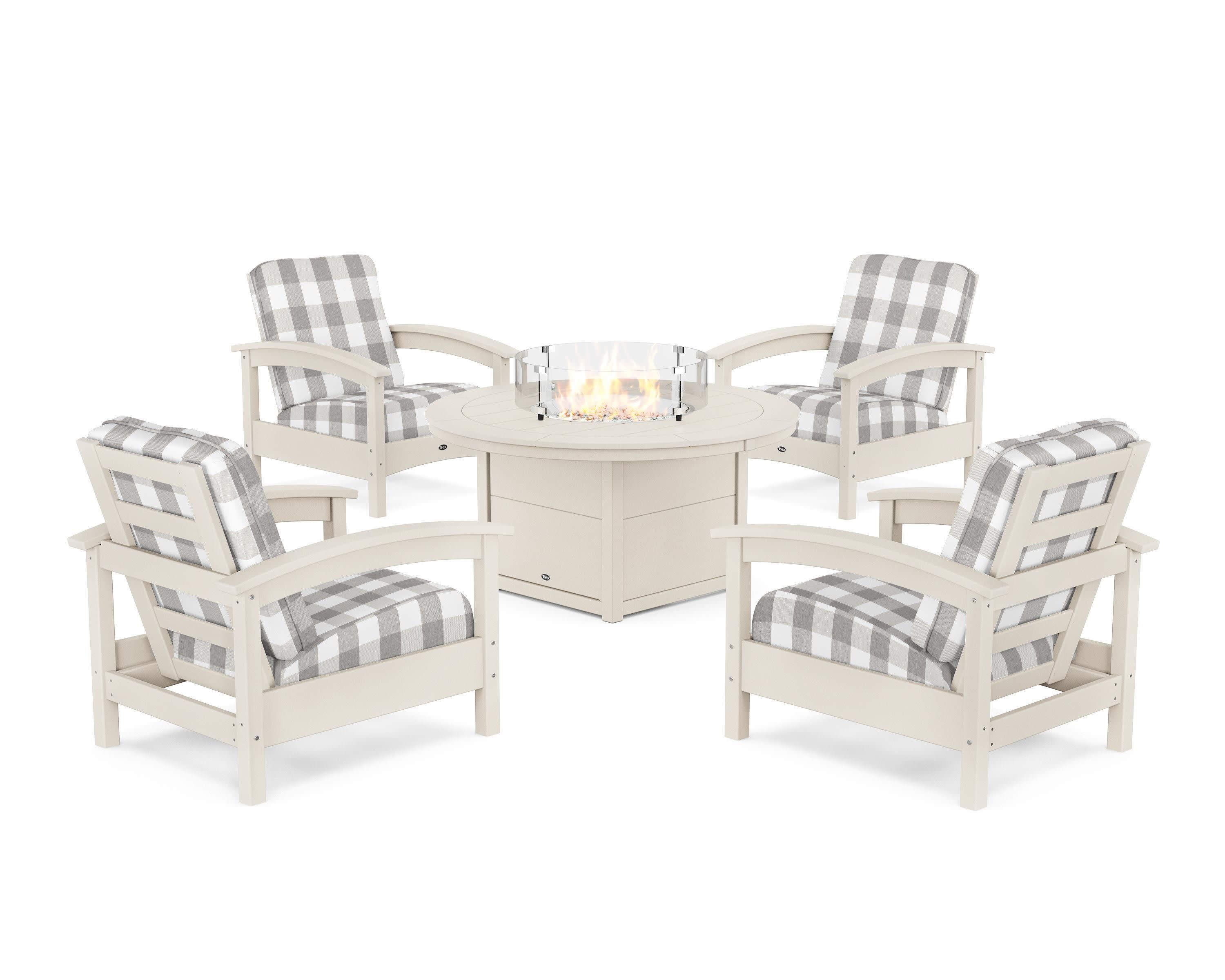 Rockport 5-Piece Deep Seating Set with Round Fire Pit Table in Sand Castle / Buffalo Plaid Grey Mist