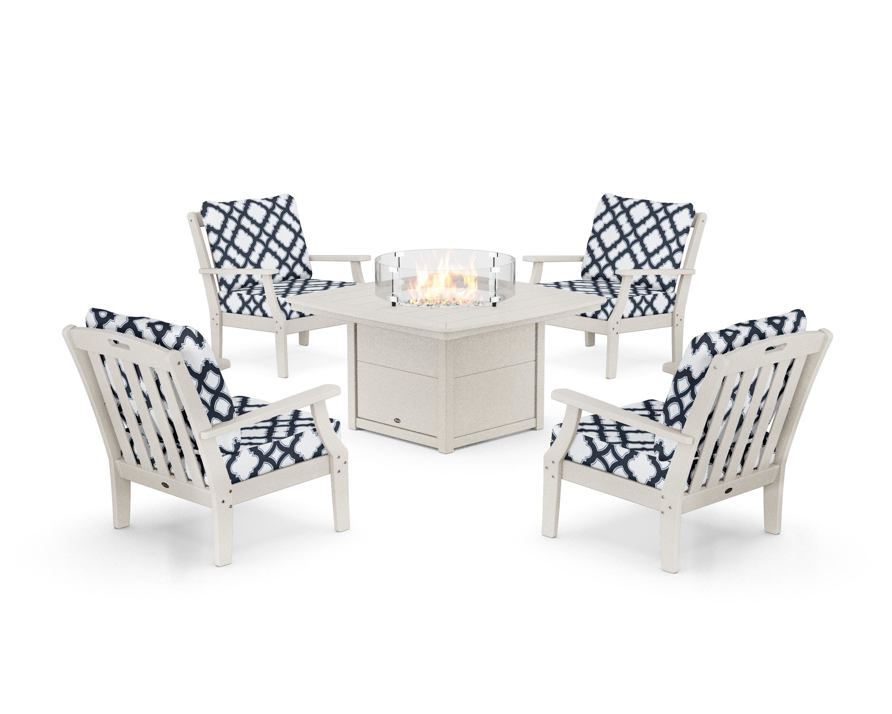 Yacht Club 5-Piece Deep Seating Set with Fire Pit Table in Sand Castle / Trellis Marine Indigo