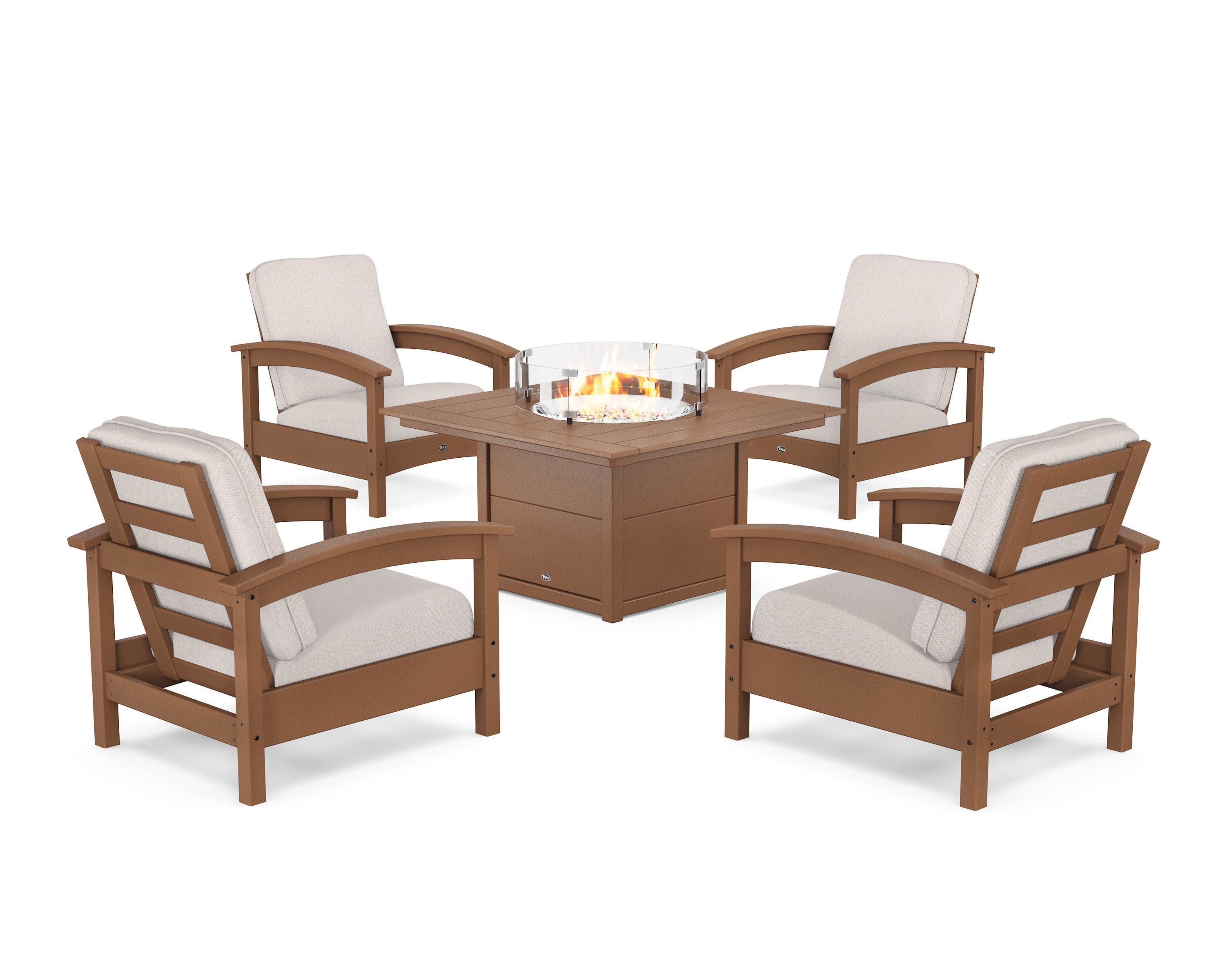 Rockport 5-Piece Deep Seating Set with Square Fire Pit Table in Tree House / Dune Burlap