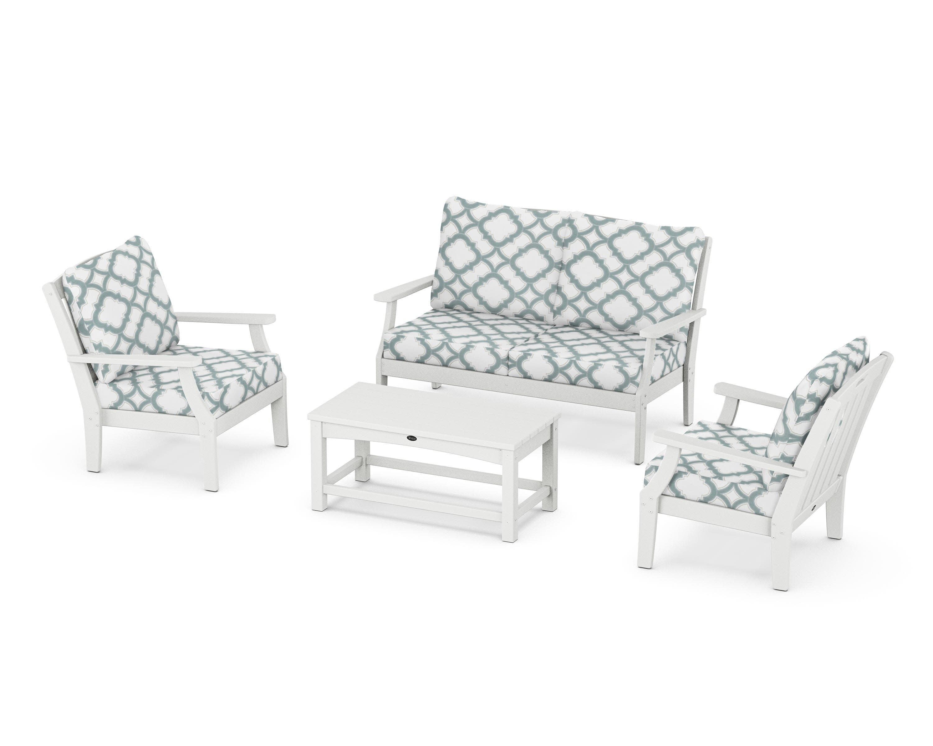 Yacht Club 4-Piece Deep Seating Chair Set in Classic White / Trellis Glacier Spa