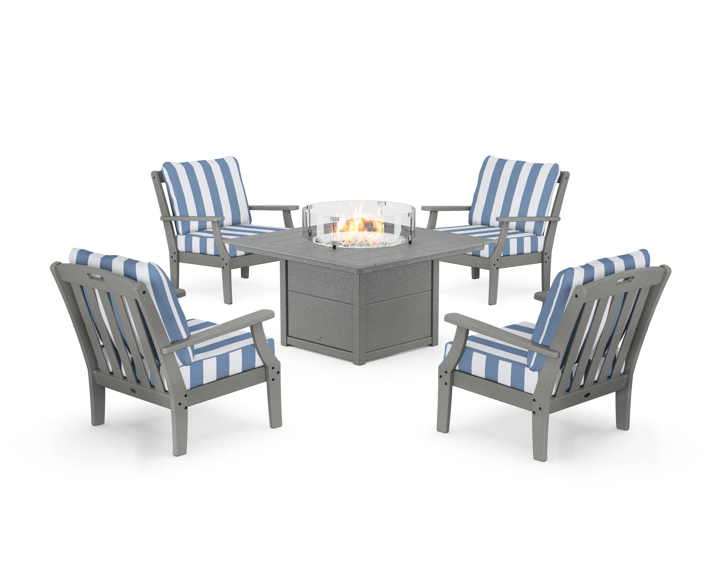 Yacht Club 5-Piece Deep Seating Set with Square Fire Pit Table in Stepping Stone / Cabana Stripe Sky Blue