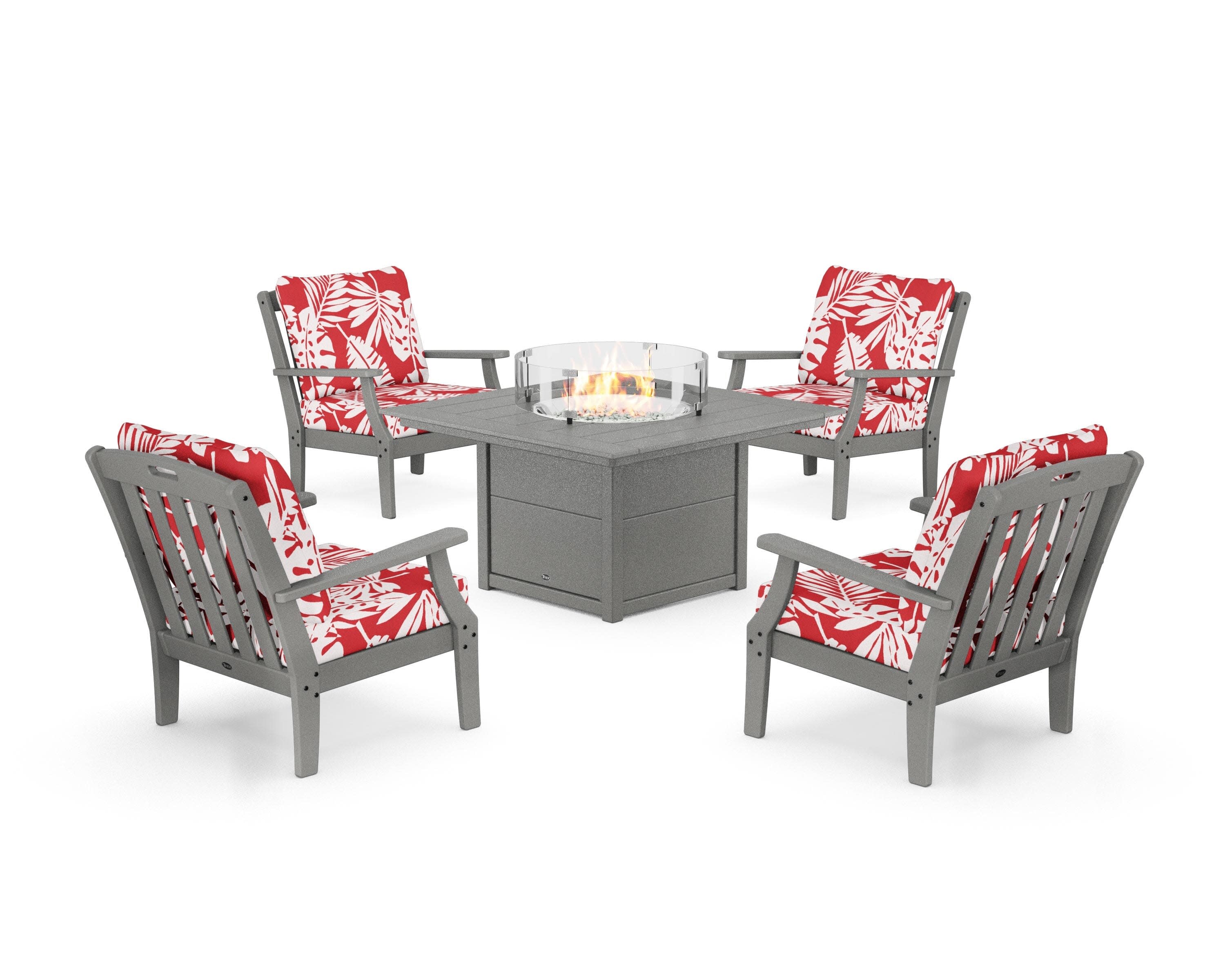Yacht Club 5-Piece Deep Seating Set with Square Fire Pit Table in Stepping Stone / Leaf Crimson