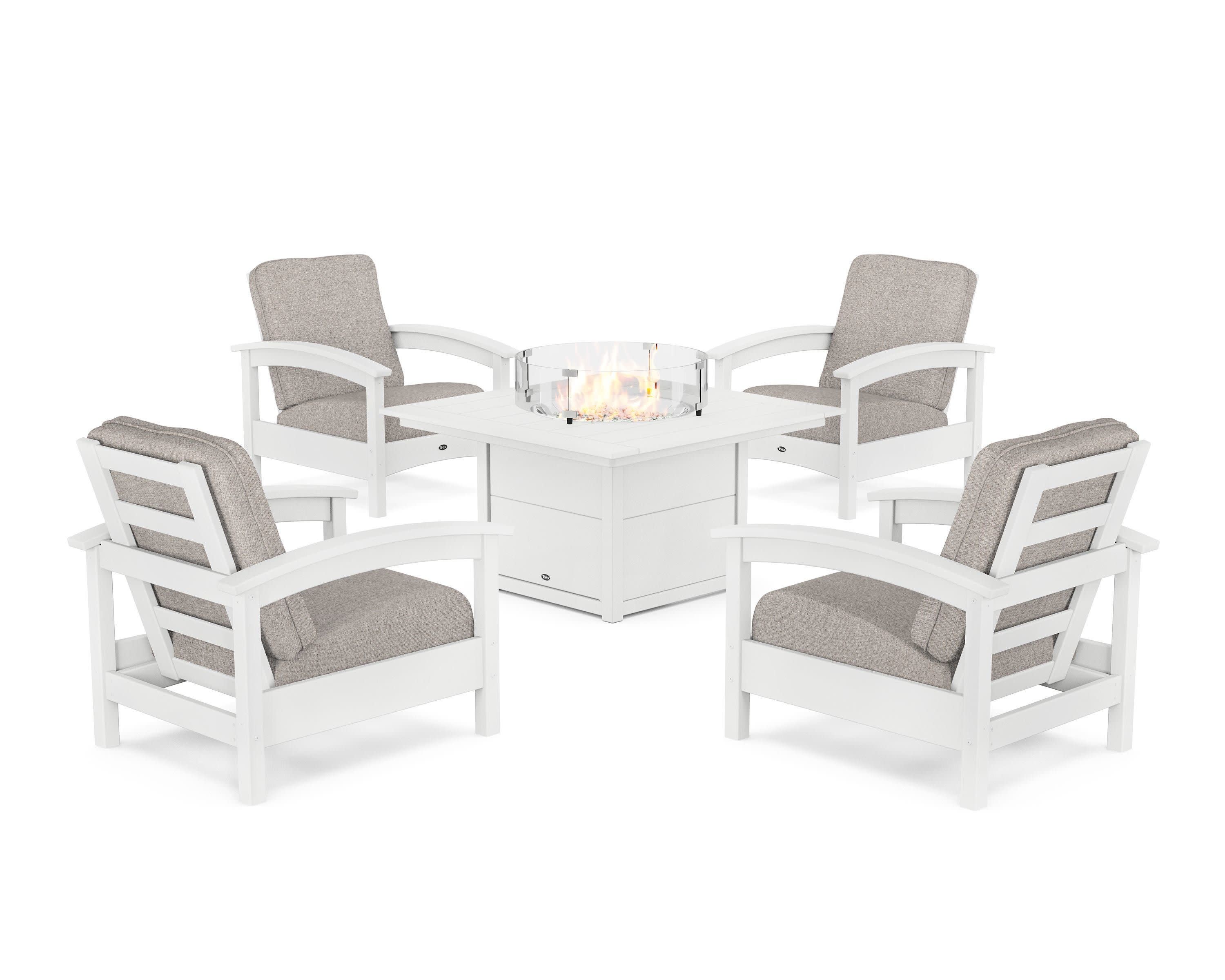 Rockport 5-Piece Deep Seating Set with Square Fire Pit Table in Classic White / Weathered Tweed