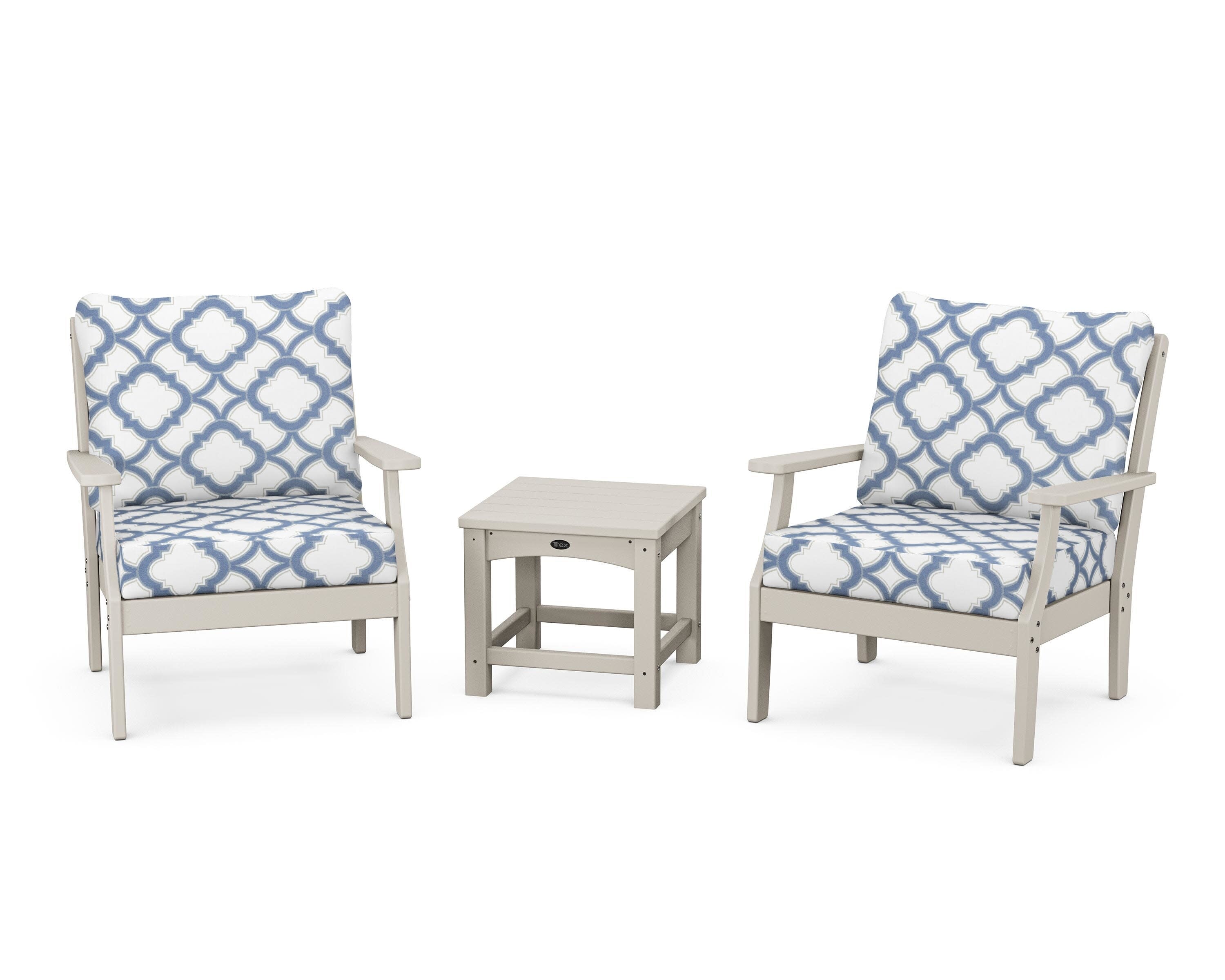 Yacht Club 3-Piece Deep Seating Set in Sand Castle / Trellis Sky Blue