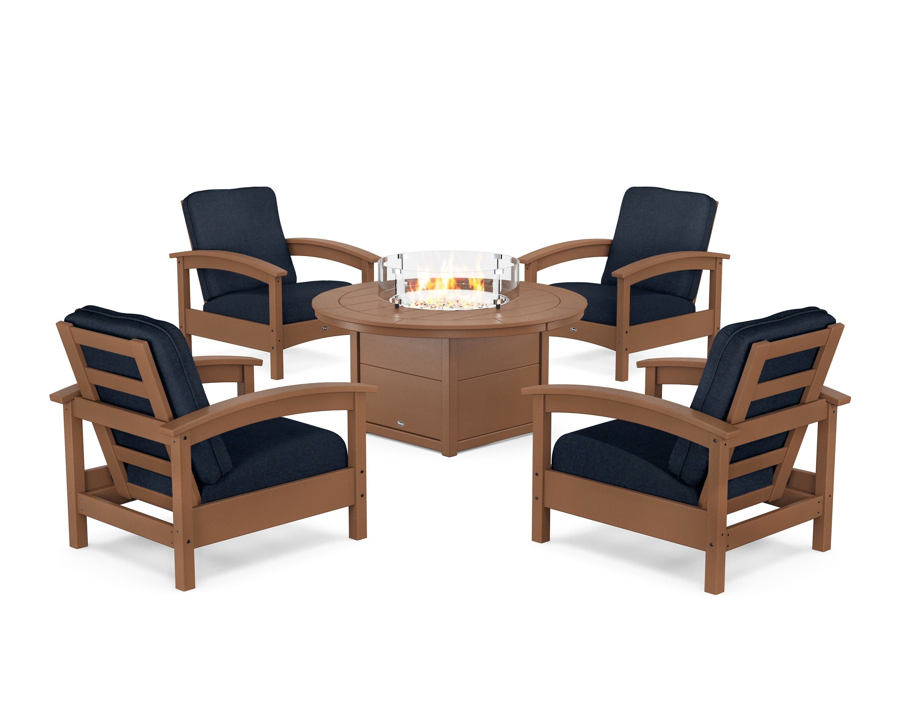Rockport 5-Piece Deep Seating Set with Round Fire Pit Table in Tree House / Marine Indigo