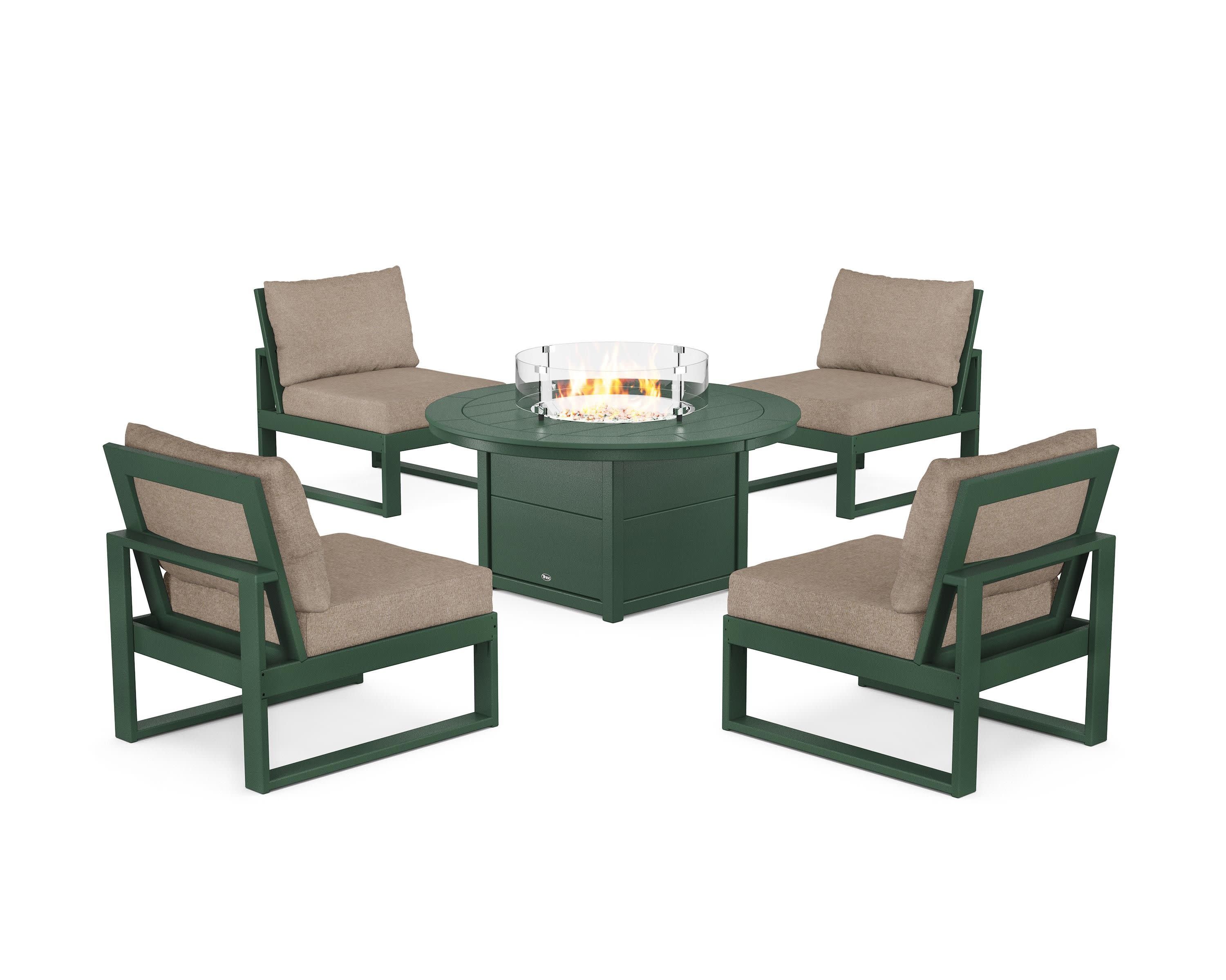Eastport Modular 5-Piece Deep Seating Set with Round Fire Pit Table in Rainforest Canopy / Spiced Burlap
