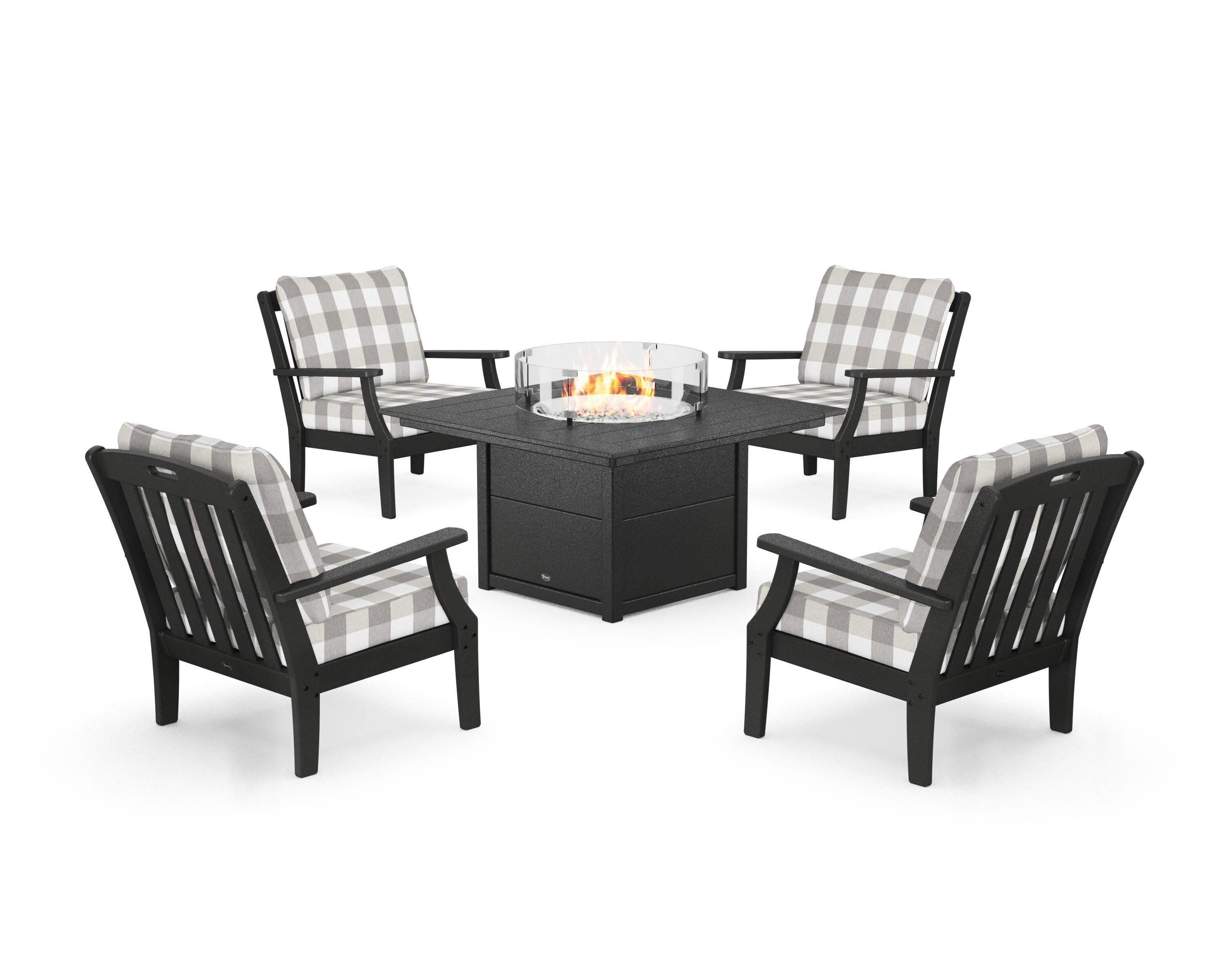 Yacht Club 5-Piece Deep Seating Set with Square Fire Pit Table in Charcoal Black / Buffalo Plaid Grey Mist