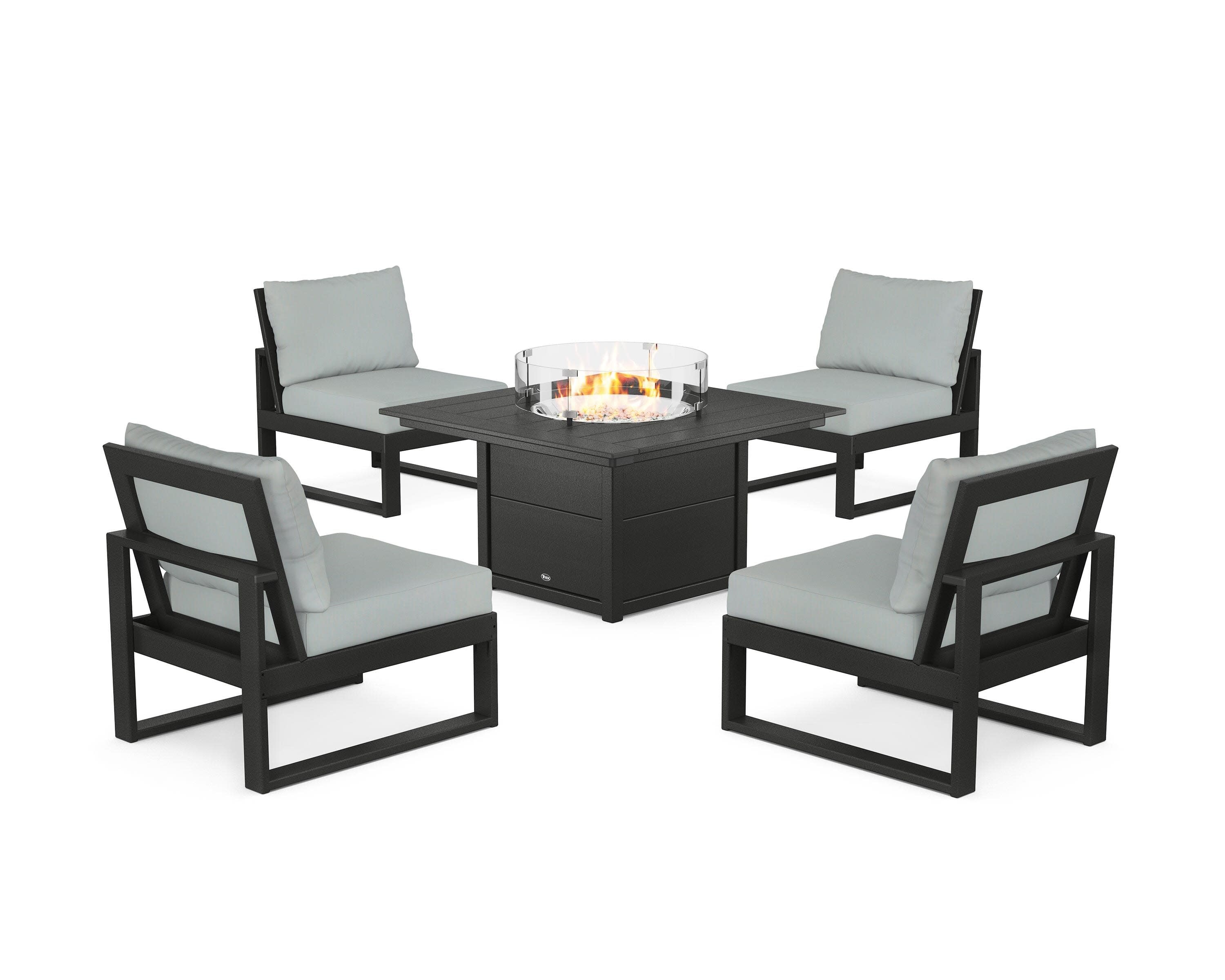 Eastport Modular 5-Piece Deep Seating Set with Square Fire Pit Table in Charcoal Black / Spa