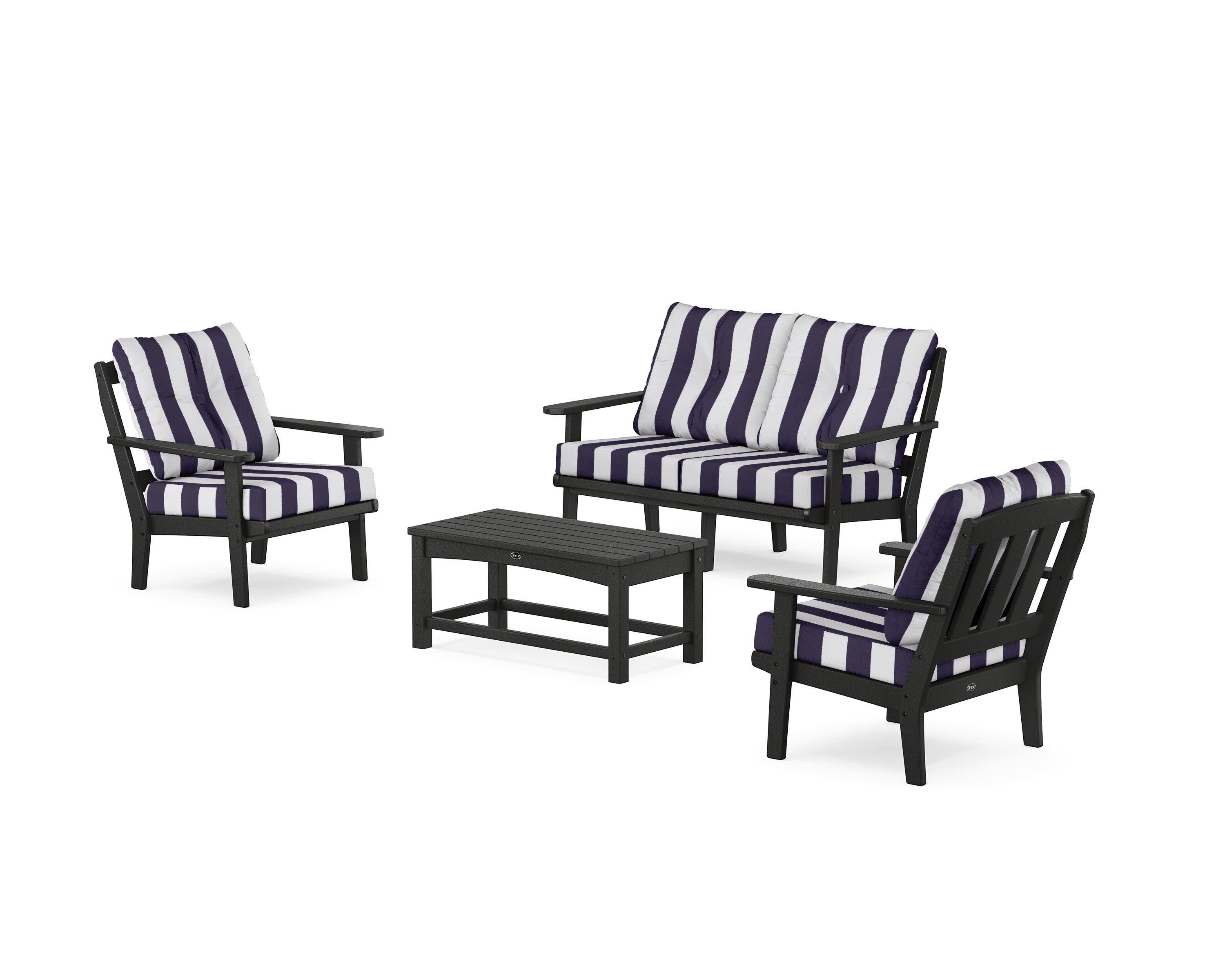 Cape Cod 4-Piece Deep Seating Set with Loveseat in Charcoal Black / Cabana Stripe Navy