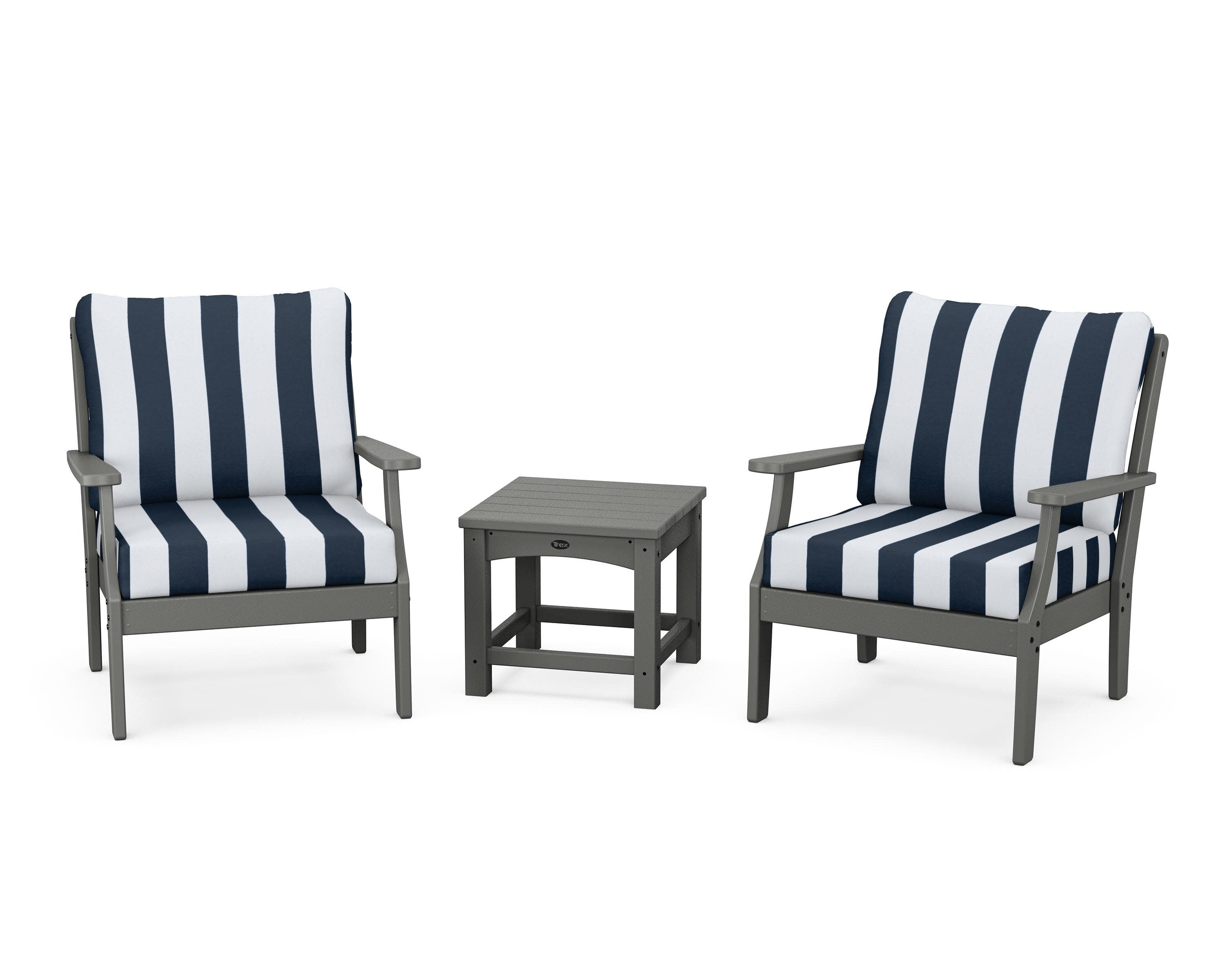 Yacht Club 3-Piece Deep Seating Set in Stepping Stone / Cabana Stripe Marine Indigo