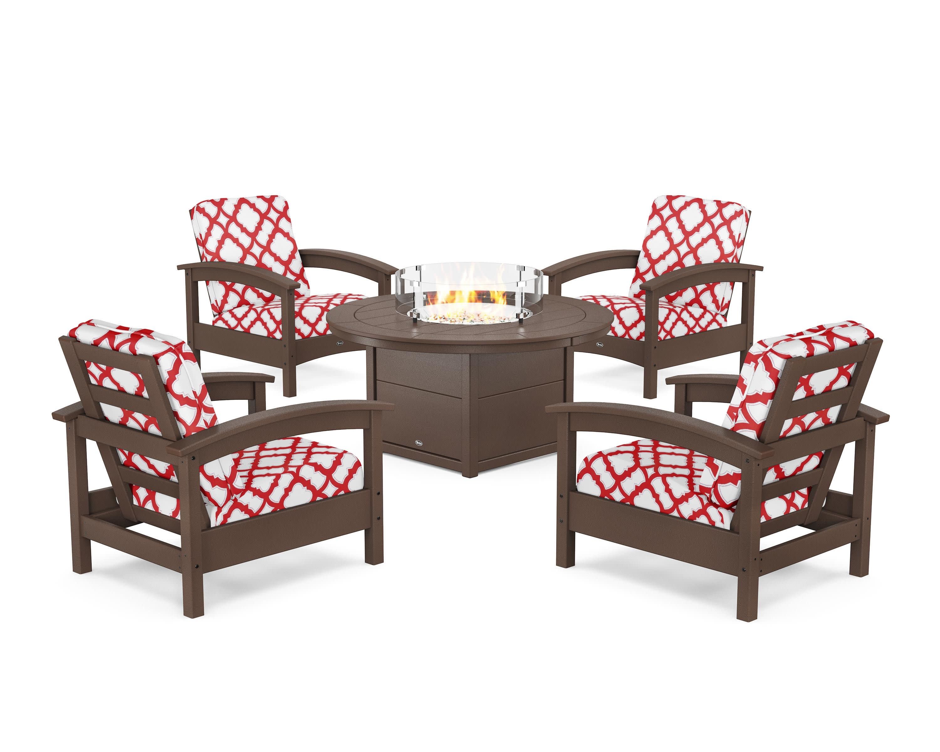 Rockport 5-Piece Deep Seating Set with Round Fire Pit Table in Vintage Lantern / Trellis Crimson