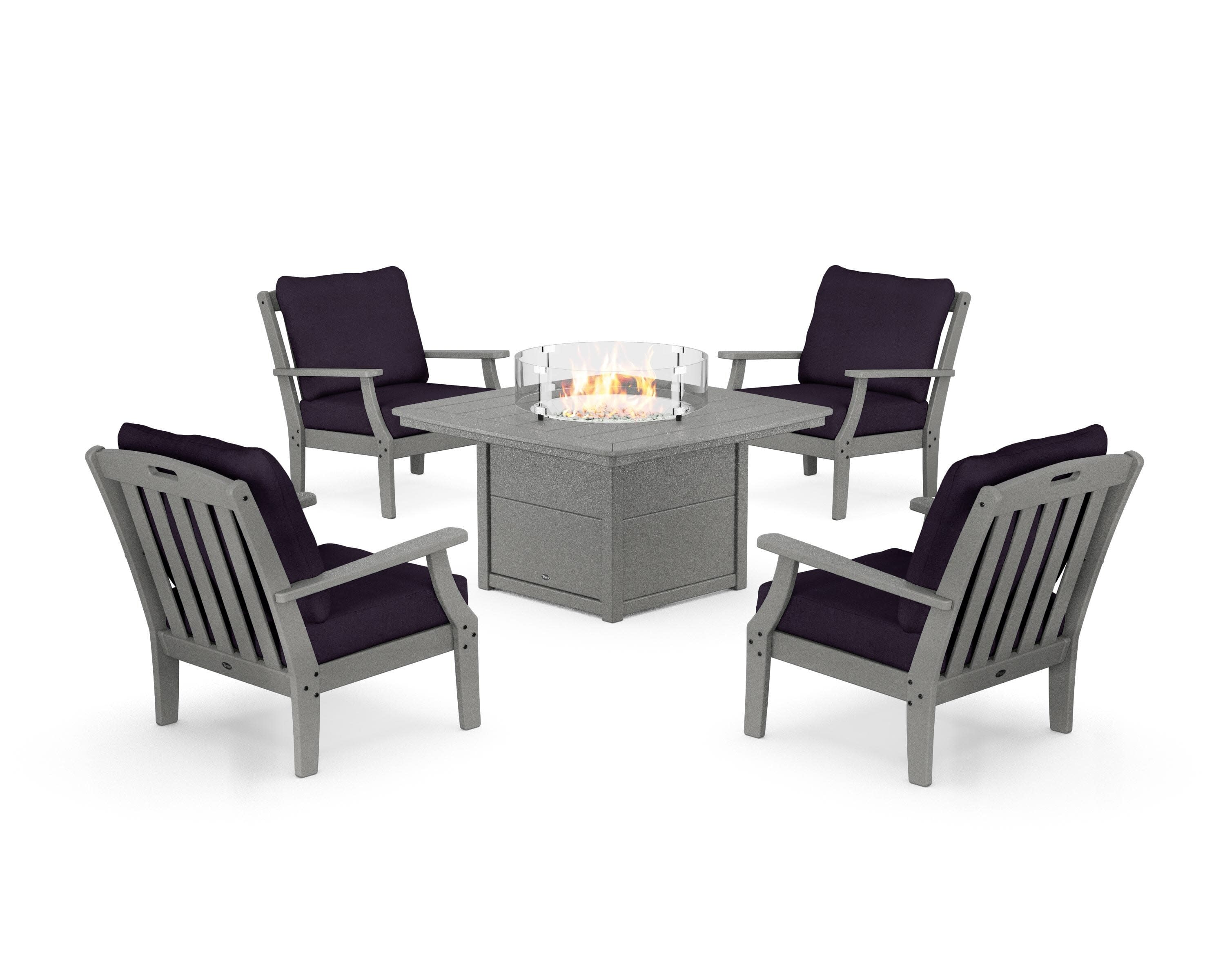 Yacht Club 5-Piece Deep Seating Set with Fire Pit Table in Stepping Stone / Navy Linen