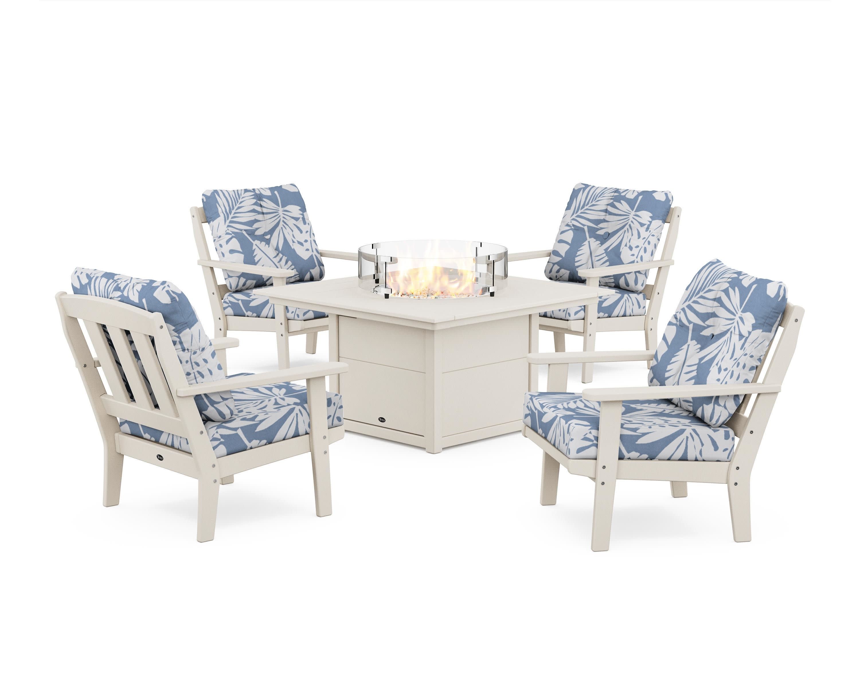 Cape Cod 5-Piece Deep Seating Set with Fire Pit Table in Sand Castle / Leaf Sky Blue