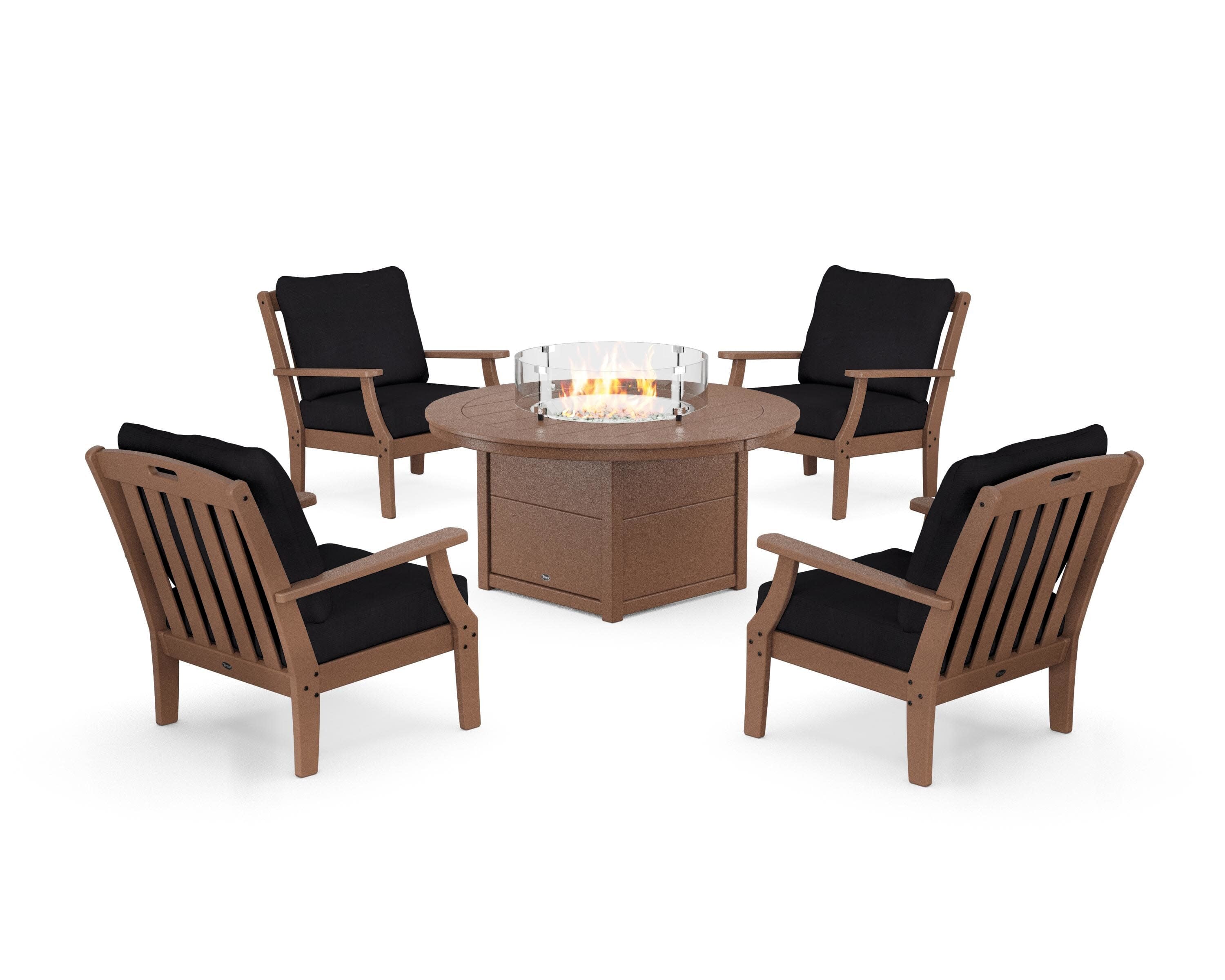 Yacht Club 5-Piece Deep Seating Set with Round Fire Pit Table in Tree House / Midnight Linen