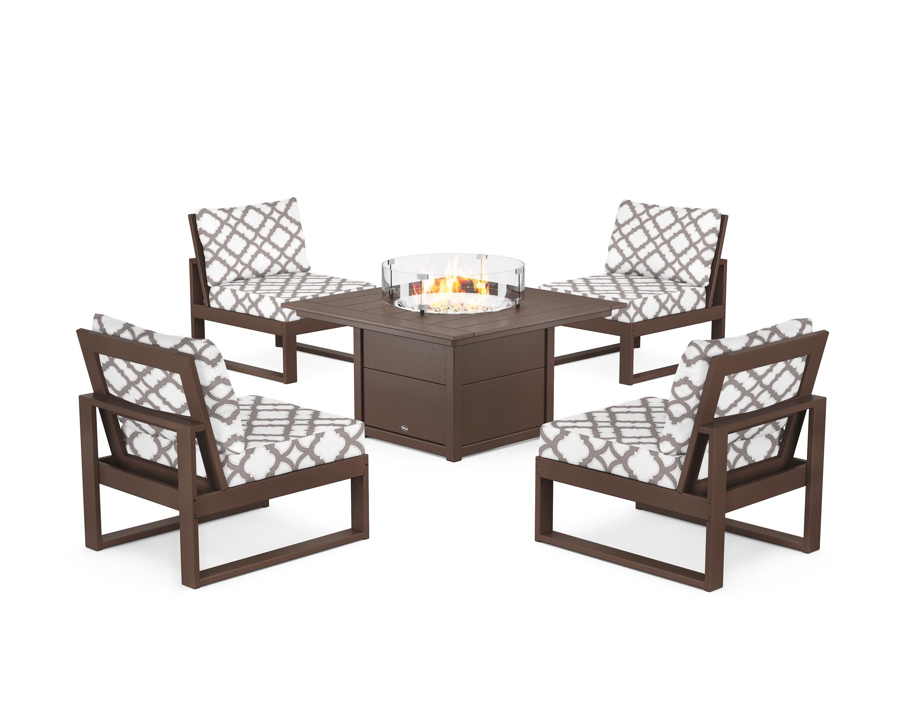 Eastport Modular 5-Piece Deep Seating Set with Square Fire Pit Table in Vintage Lantern / Trellis Grey Mist