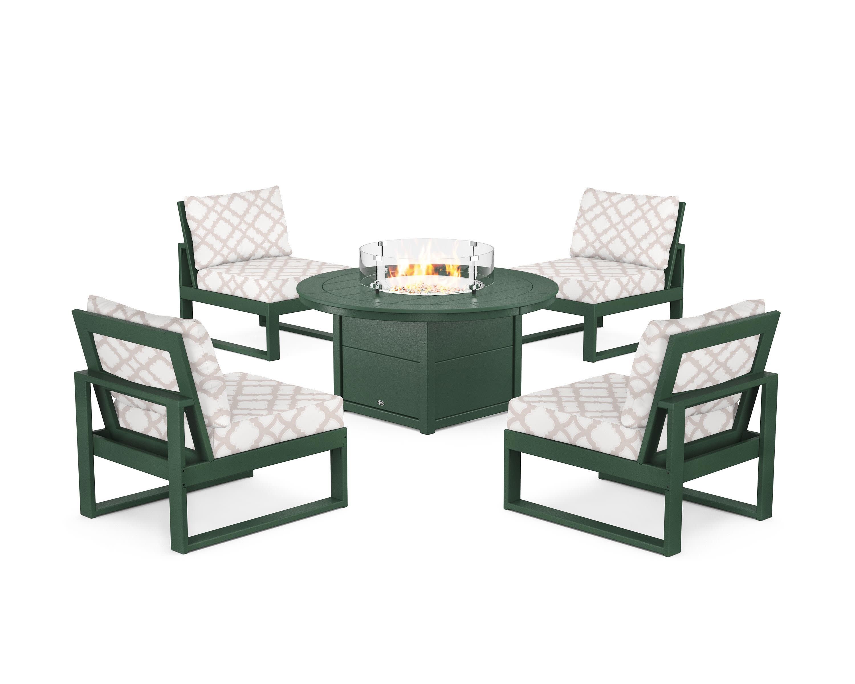 Eastport Modular 5-Piece Deep Seating Set with Round Fire Pit Table in Rainforest Canopy / Trellis Dune Burlap