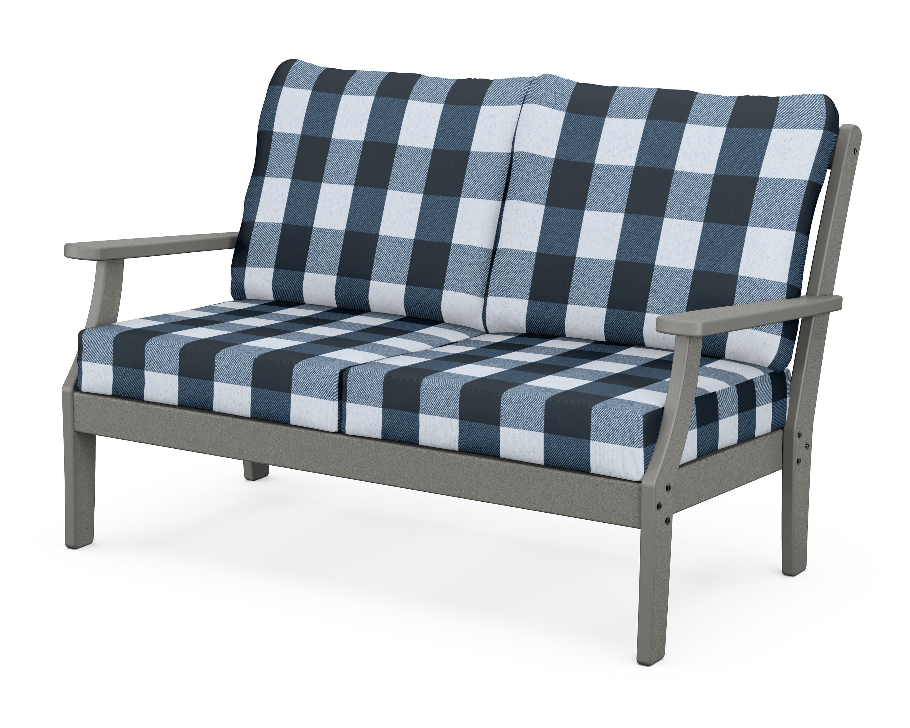 Yacht Club Deep Seating Loveseat in Stepping Stone / Buffalo Plaid Marine Indigo