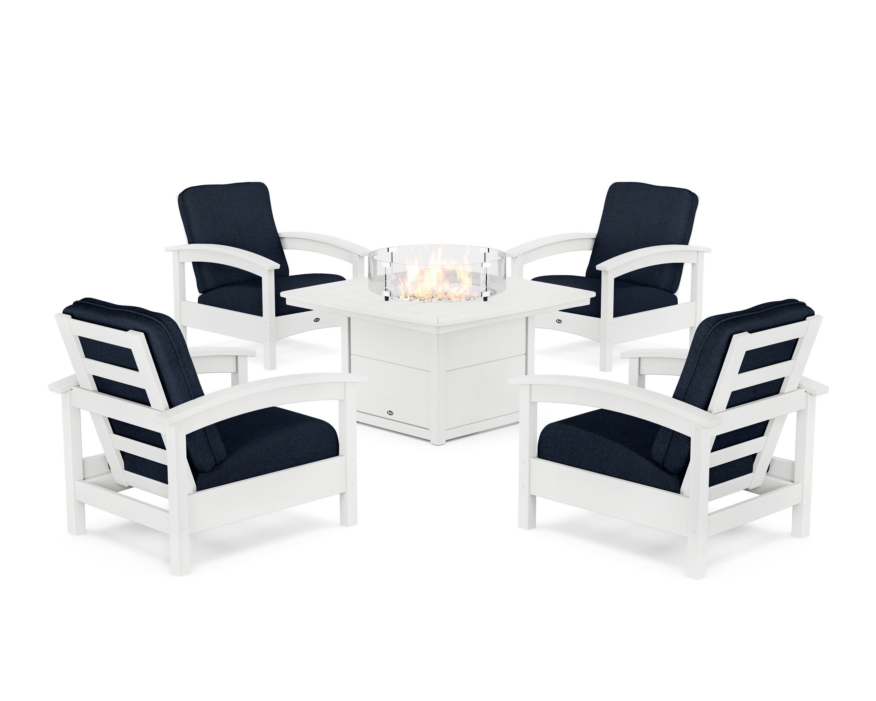 Rockport 5-Piece Deep Seating Set with Yacht Club Fire Pit Table in Classic White / Marine Indigo