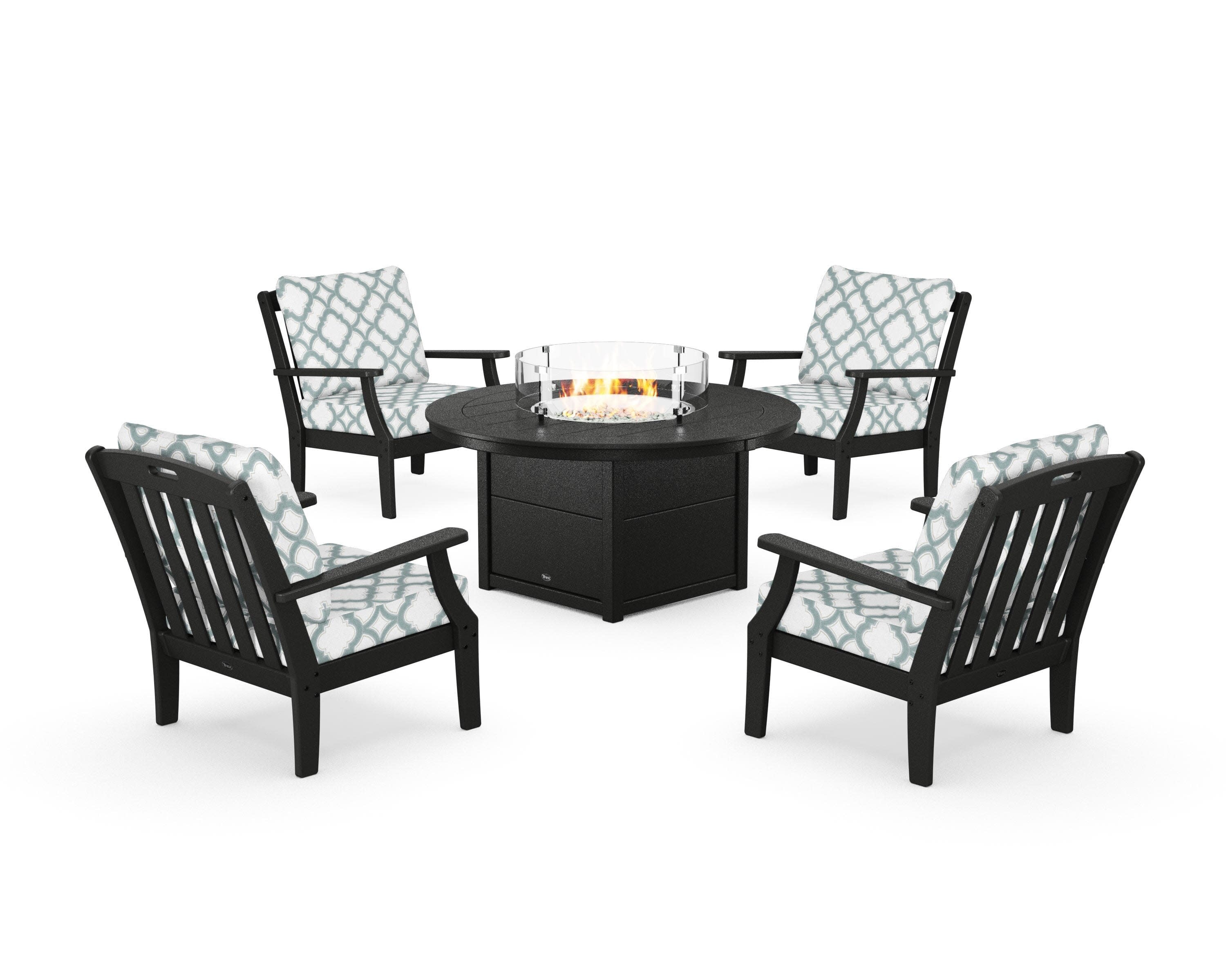 Yacht Club 5-Piece Deep Seating Set with Round Fire Pit Table in Charcoal Black / Trellis Glacier Spa