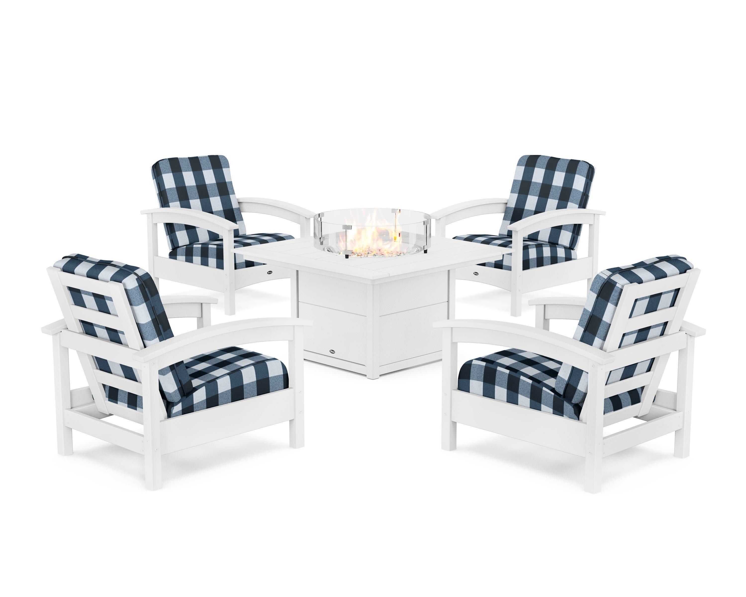 Rockport 5-Piece Deep Seating Set with Square Fire Pit Table in Classic White / Buffalo Plaid Marine Indigo