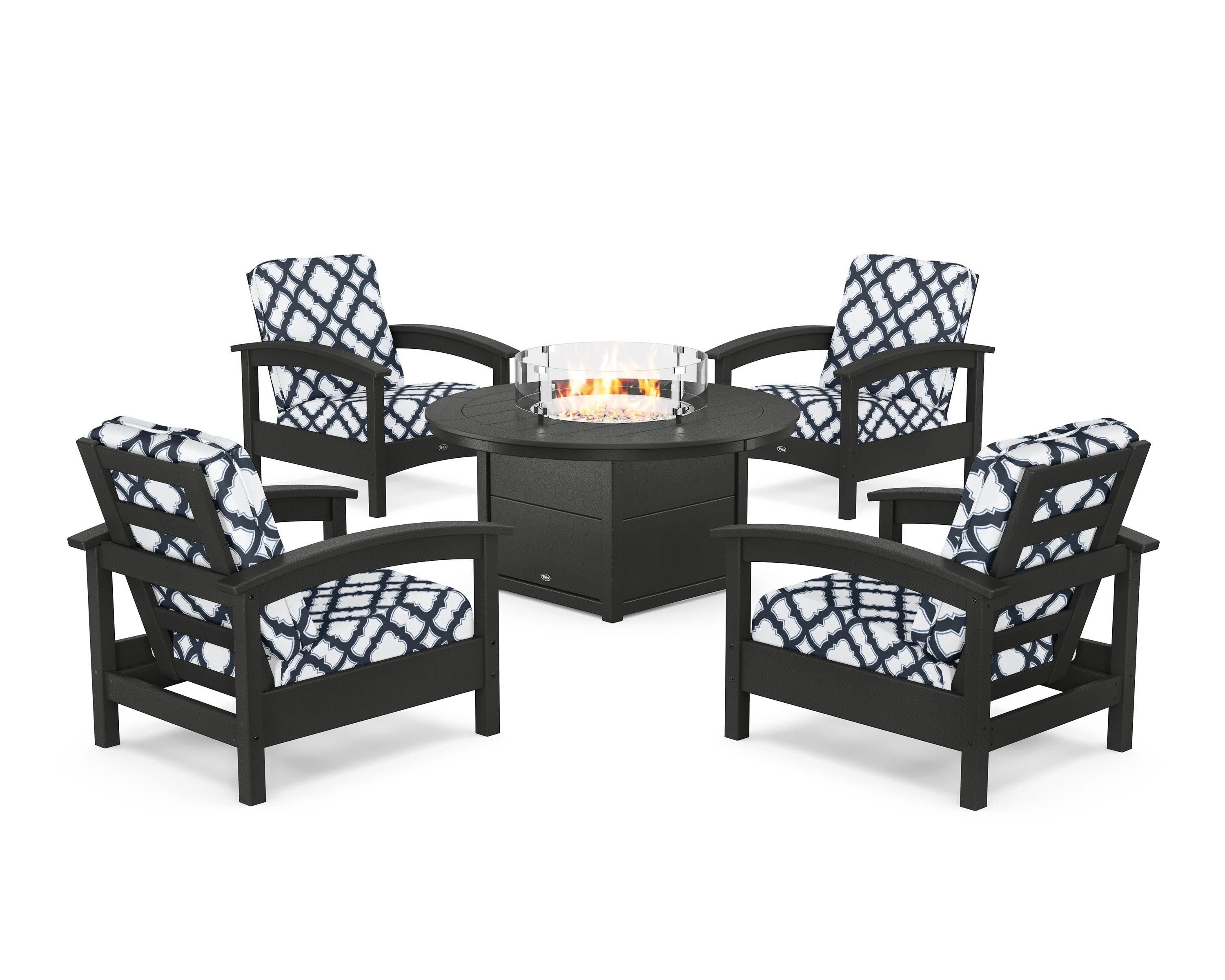 Rockport 5-Piece Deep Seating Set with Round Fire Pit Table in Charcoal Black / Trellis Marine Indigo