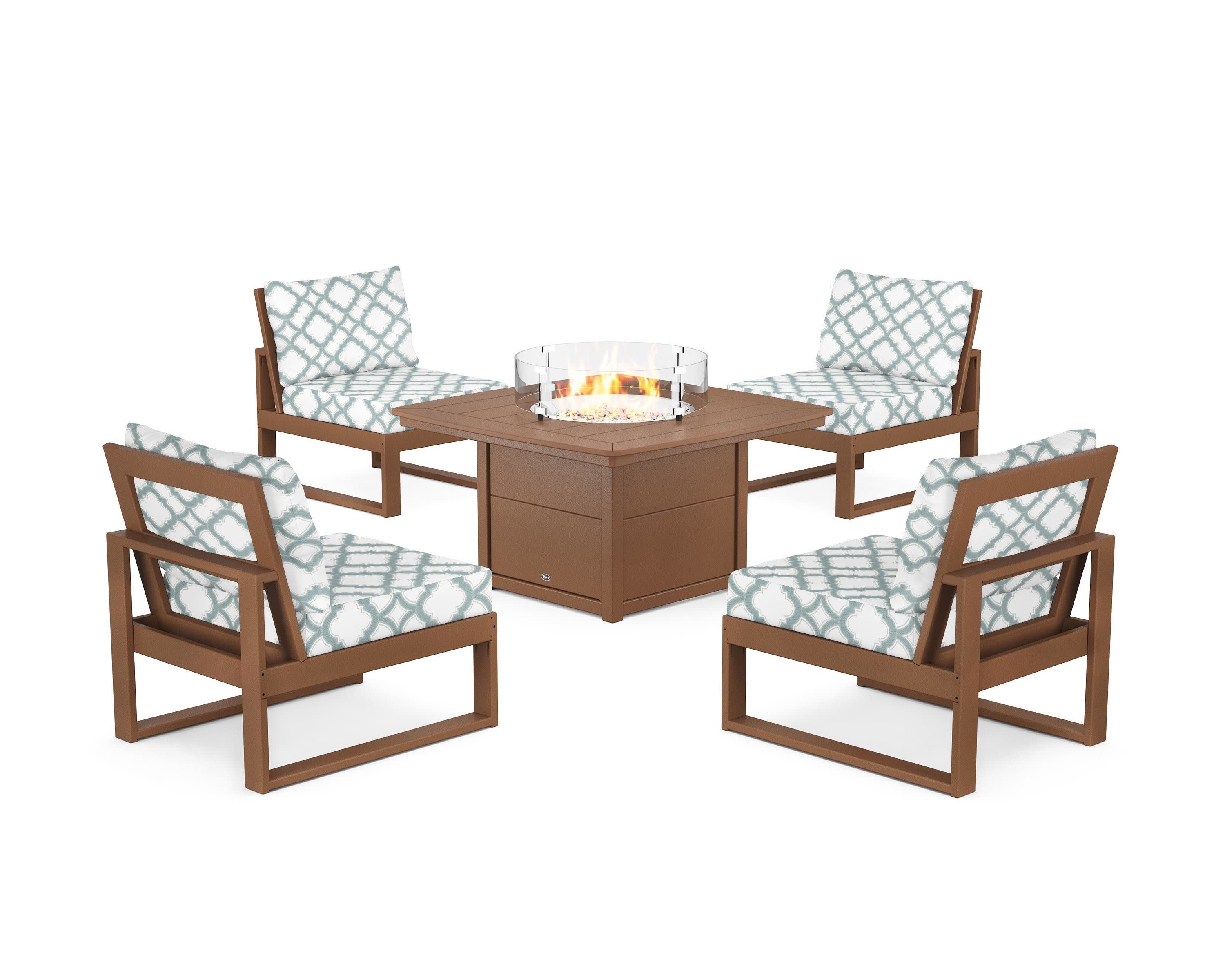 Eastport Modular 5-Piece Deep Seating Set with Yacht Club Fire Pit Table in Tree House / Trellis Glacier Spa