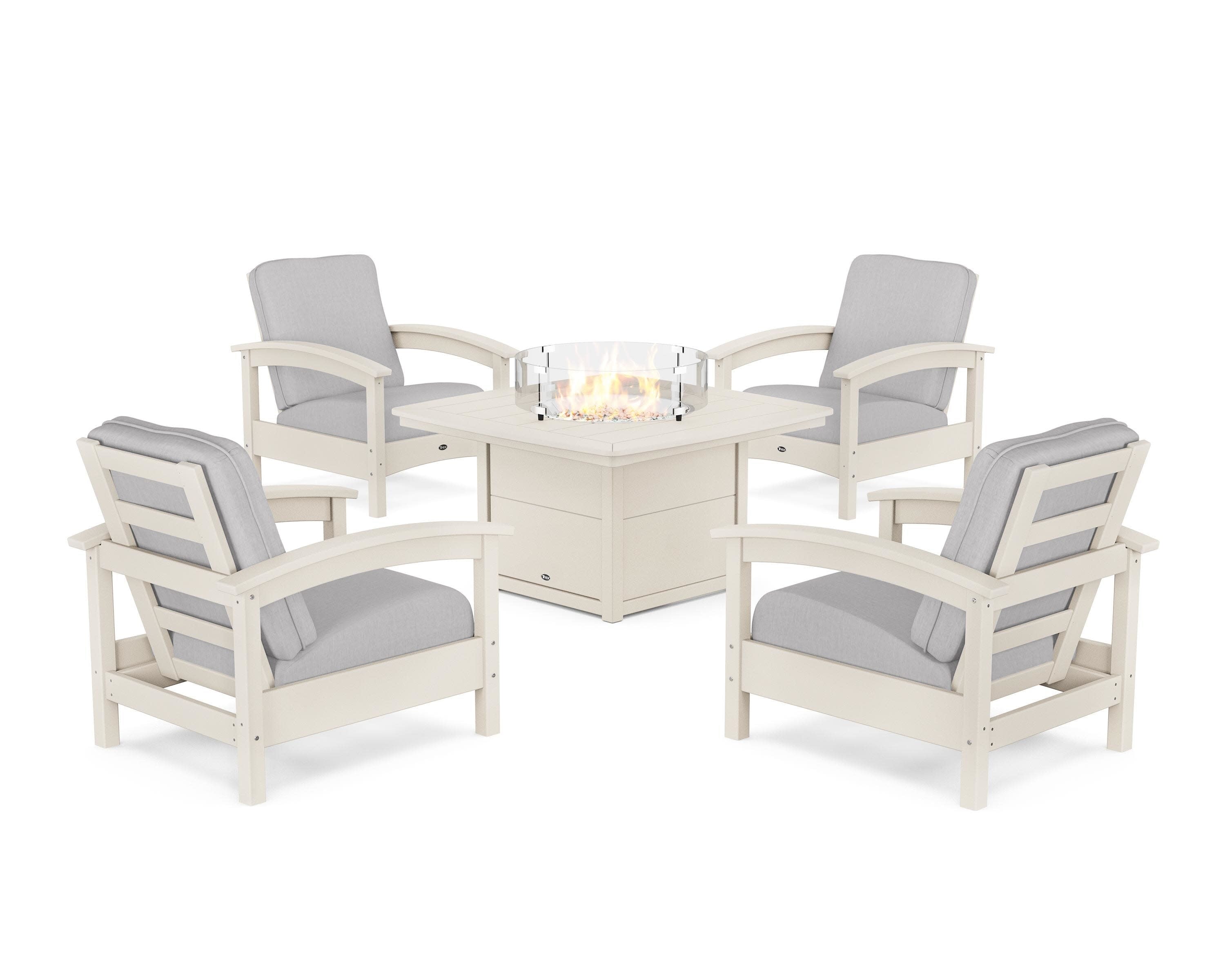 Rockport 5-Piece Deep Seating Set with Yacht Club Fire Pit Table in Sand Castle / Granite