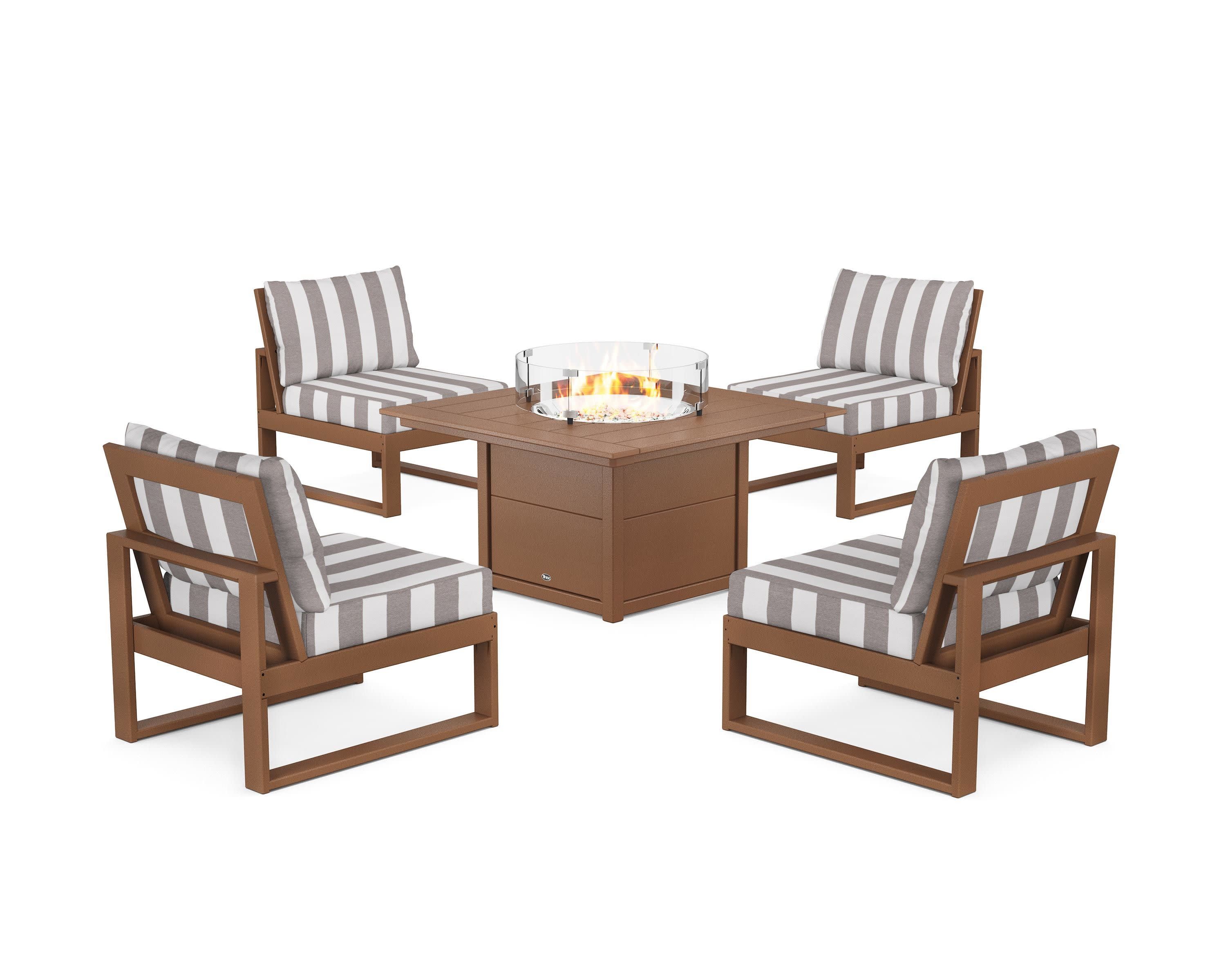 Eastport Modular 5-Piece Deep Seating Set with Square Fire Pit Table in Tree House / Cabana Stripe Grey Mist
